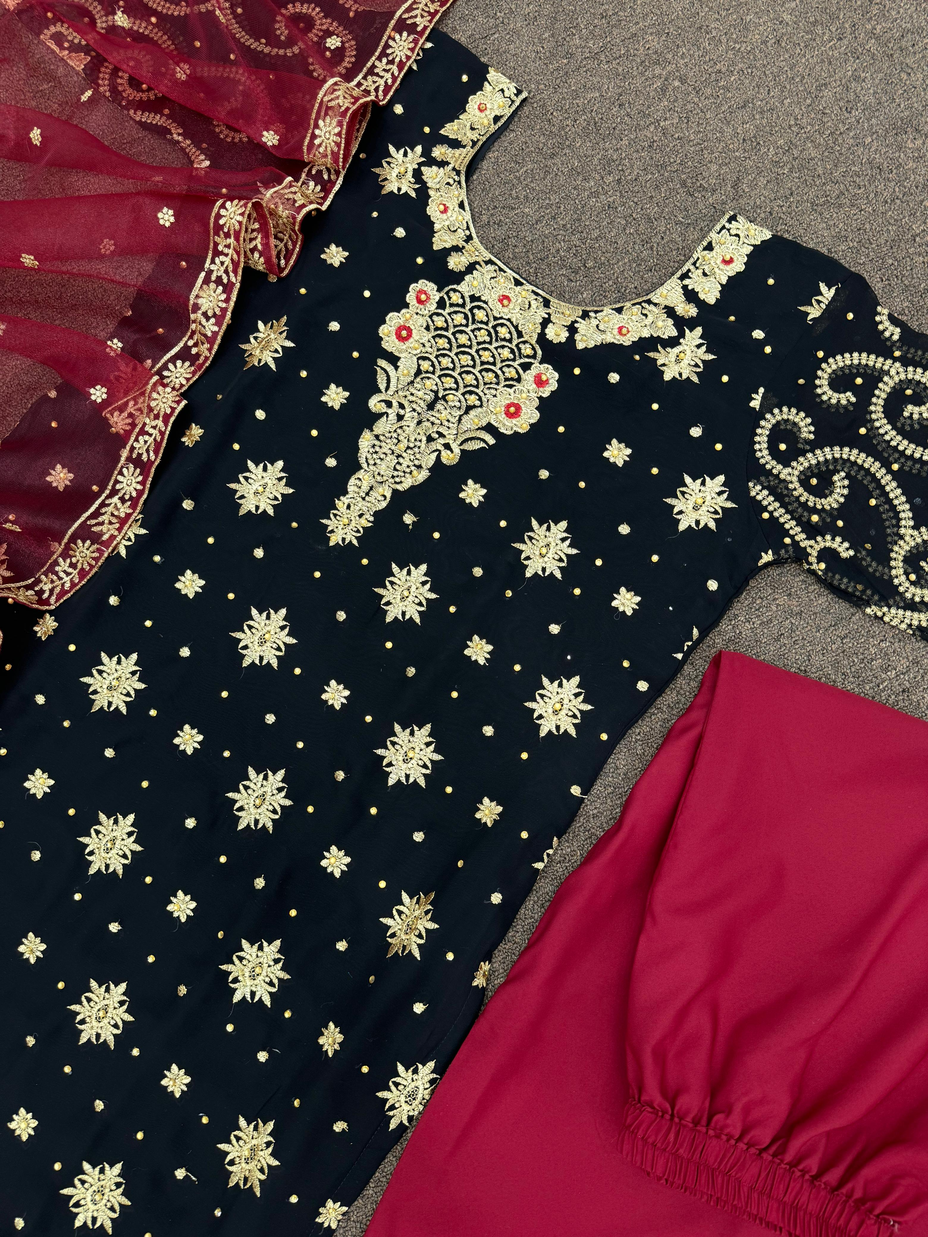 Stylish Black And Red Color Work Salwar Suit