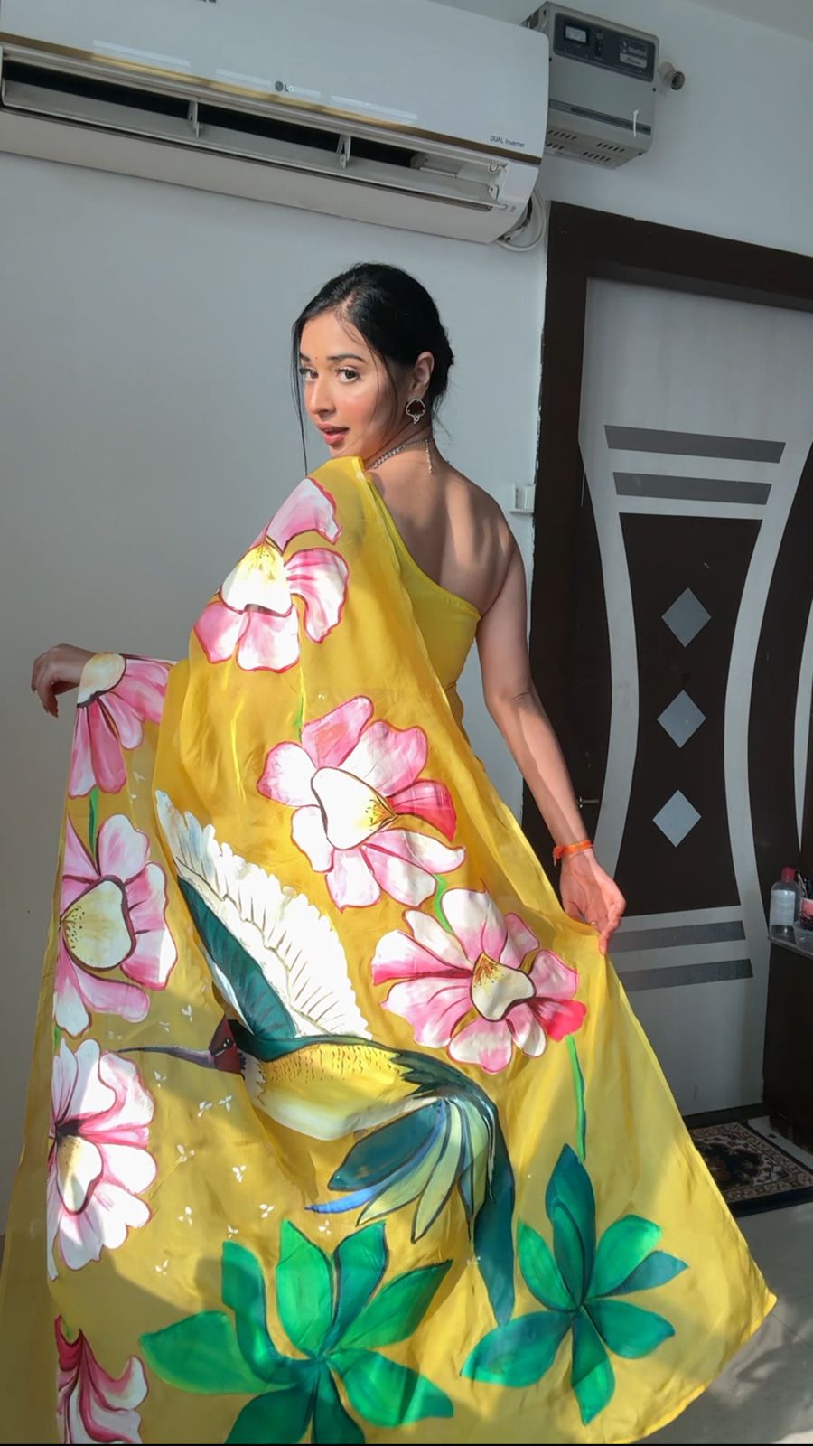 Sparrow Design Ready To Wear Yellow Color Saree