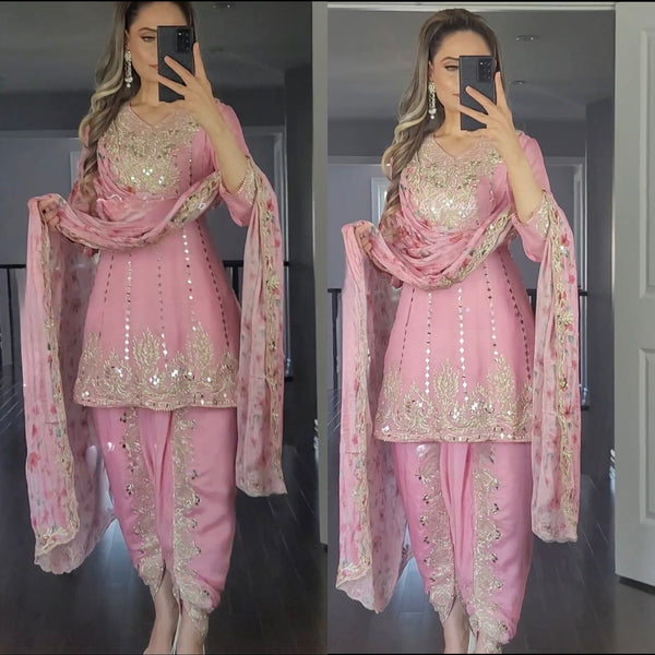 Gorgeous Embroidery Work Light Pink Color Dhoti Suit