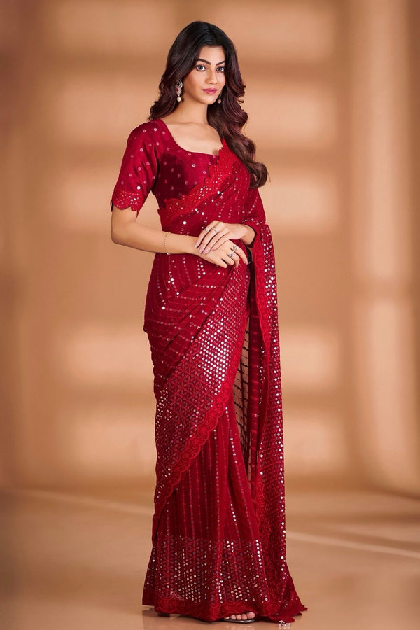 Glimmering Red Color Sequence Thread Work Saree