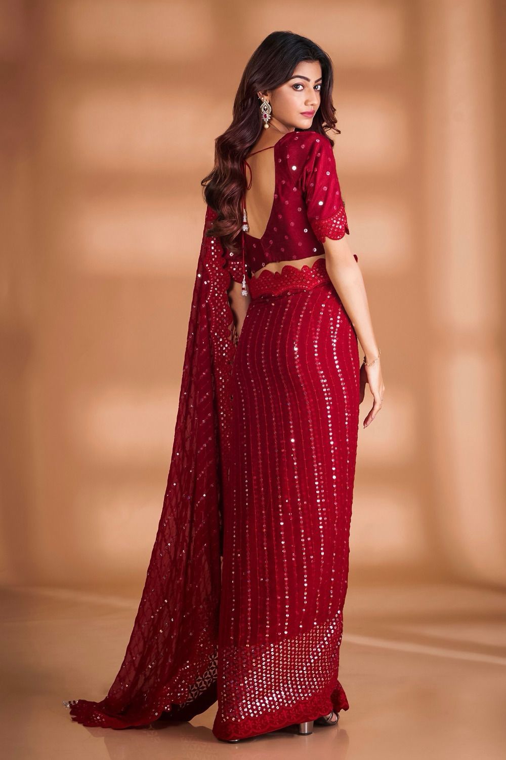 Glimmering Red Color Sequence Thread Work Saree