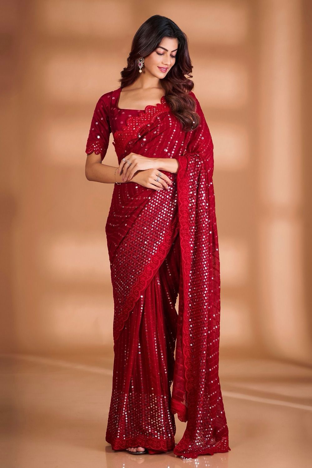 Glimmering Red Color Sequence Thread Work Saree