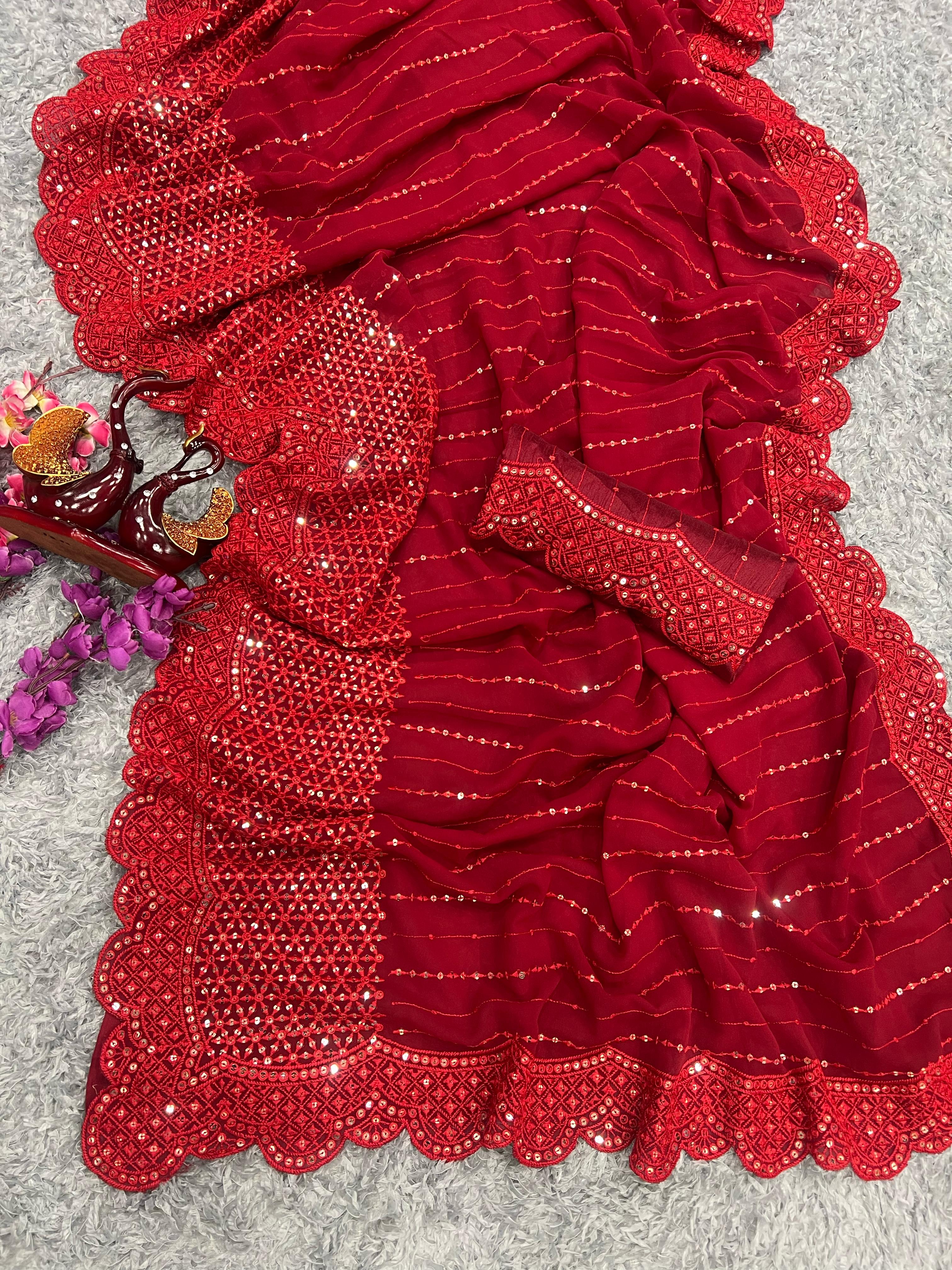 Glimmering Red Color Sequence Thread Work Saree