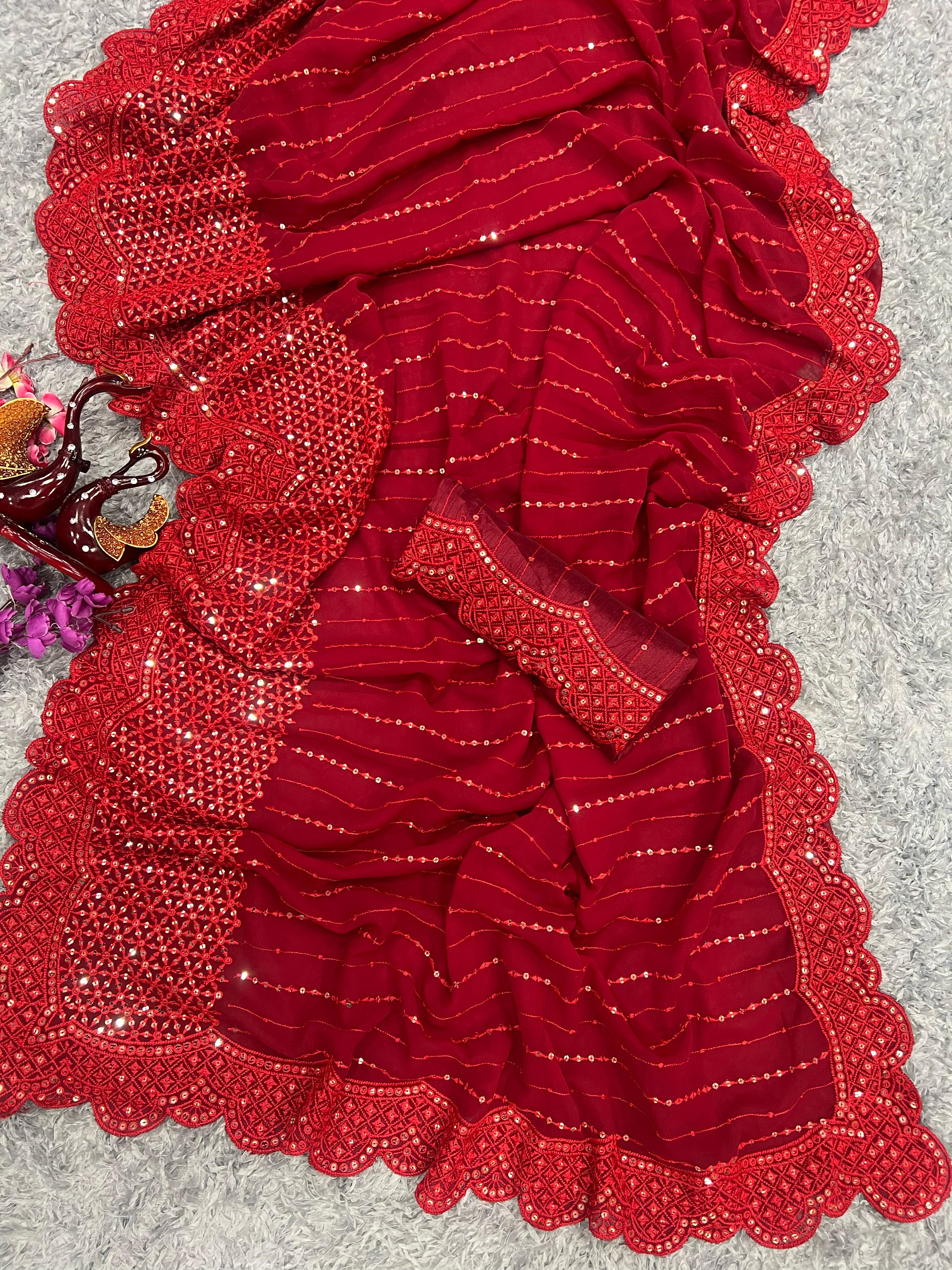 Glimmering Red Color Sequence Thread Work Saree