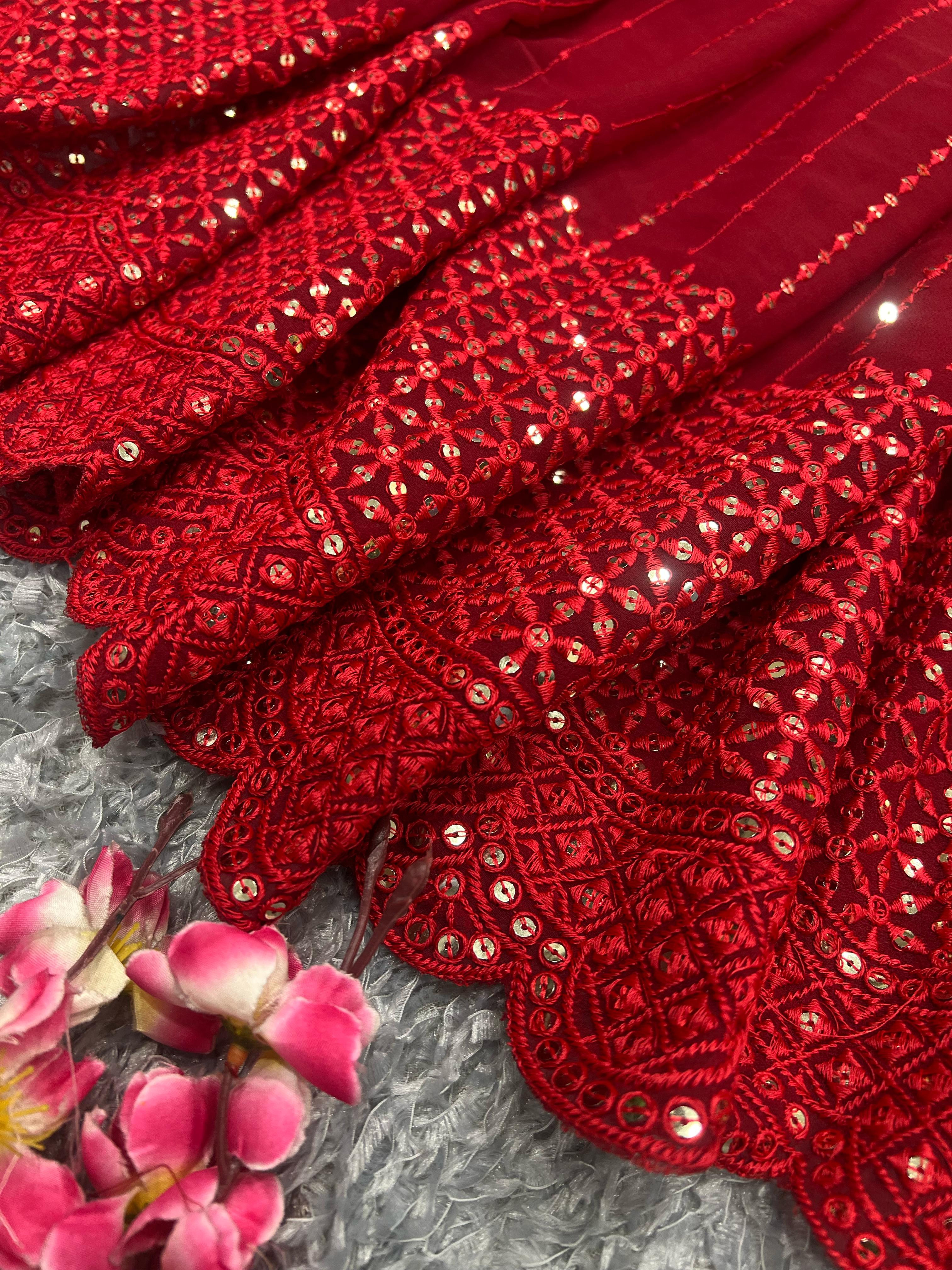 Glimmering Red Color Sequence Thread Work Saree