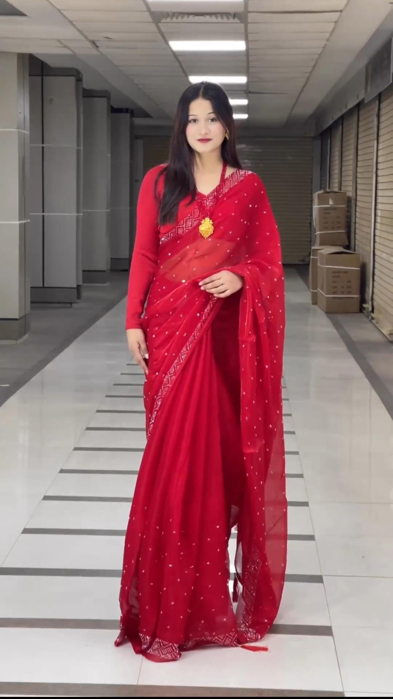 Embellished Work Red Color Party Wear Saree