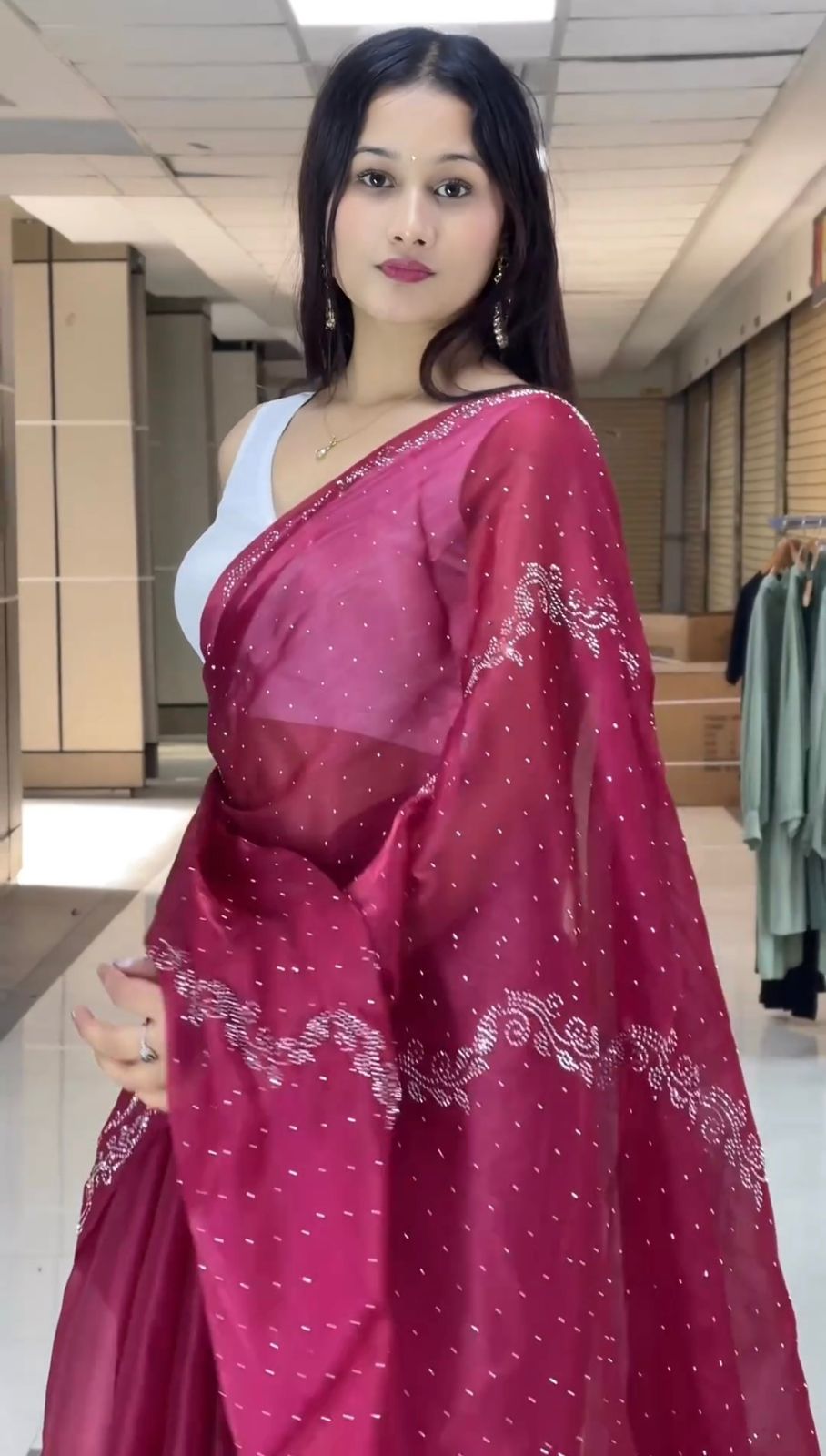 Embellished Work Wine Color Party Wear Saree