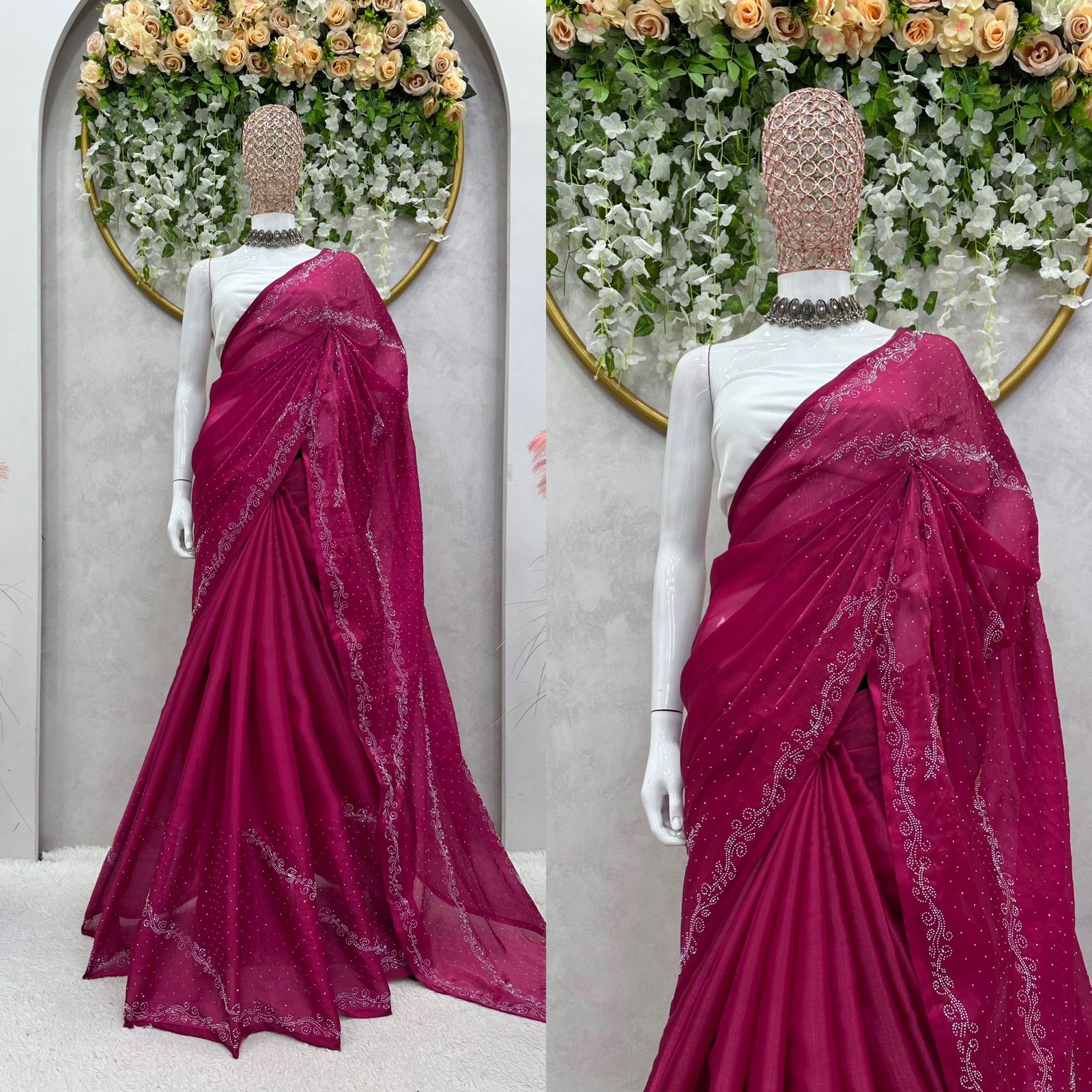 Embellished Work Wine Color Party Wear Saree
