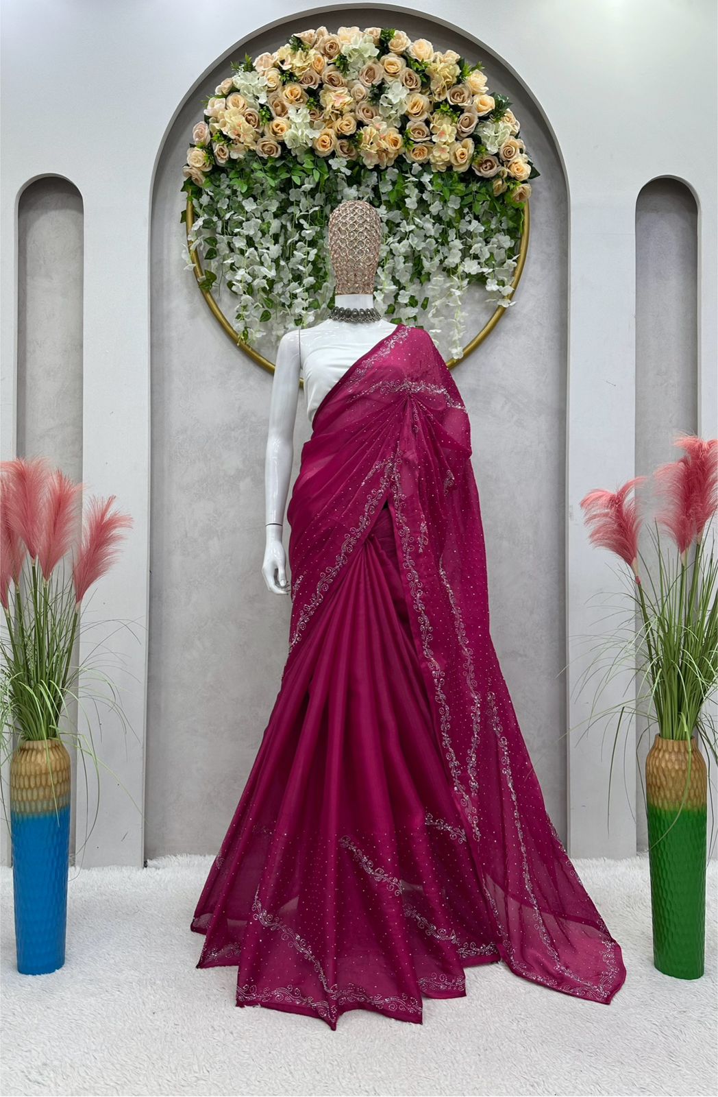 Embellished Work Wine Color Party Wear Saree