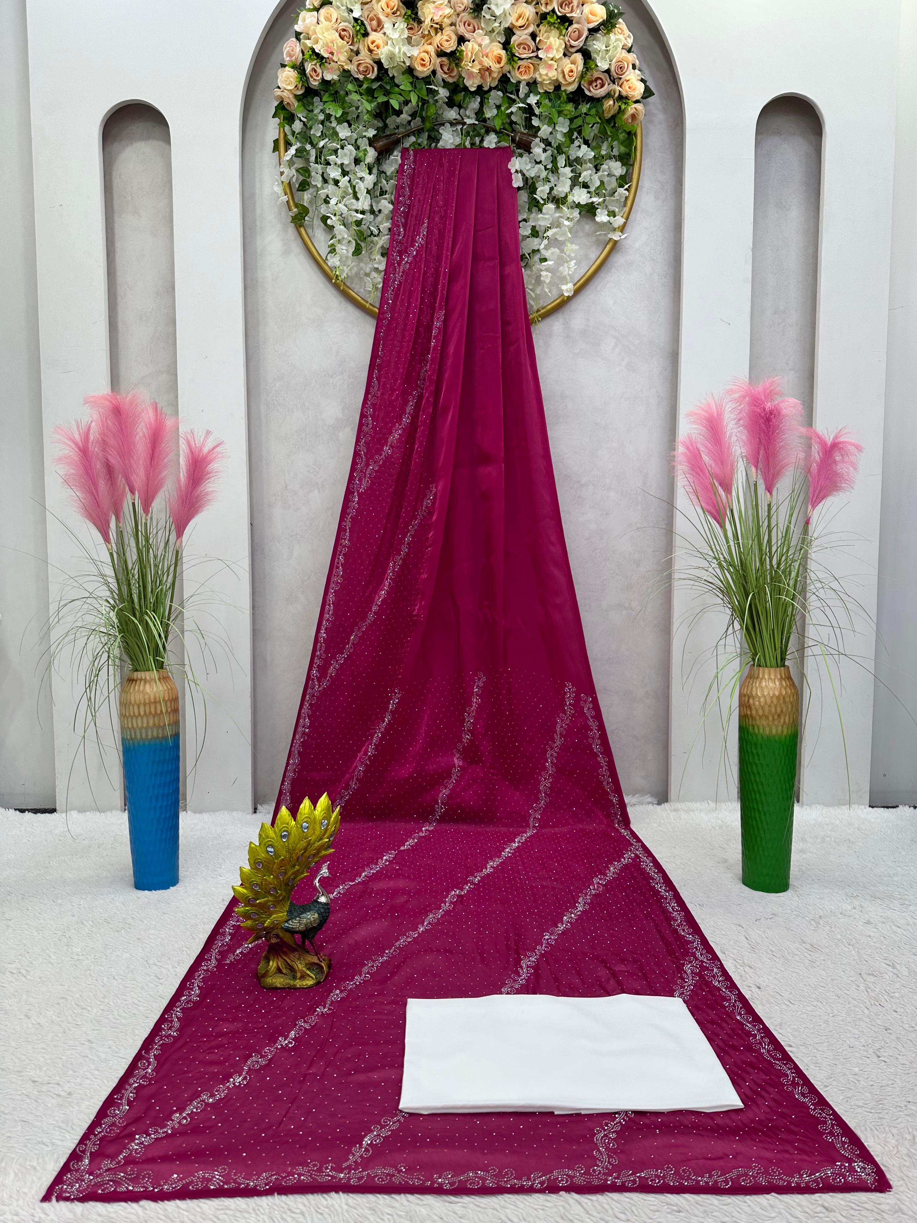 Embellished Work Wine Color Party Wear Saree