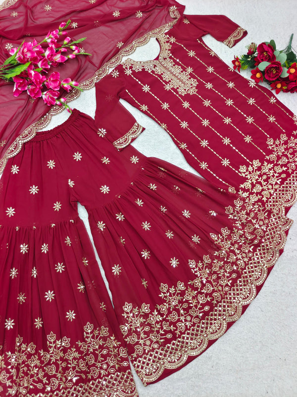 Stylish Sequence Embroidery Work Maroon Color Sharara Suit