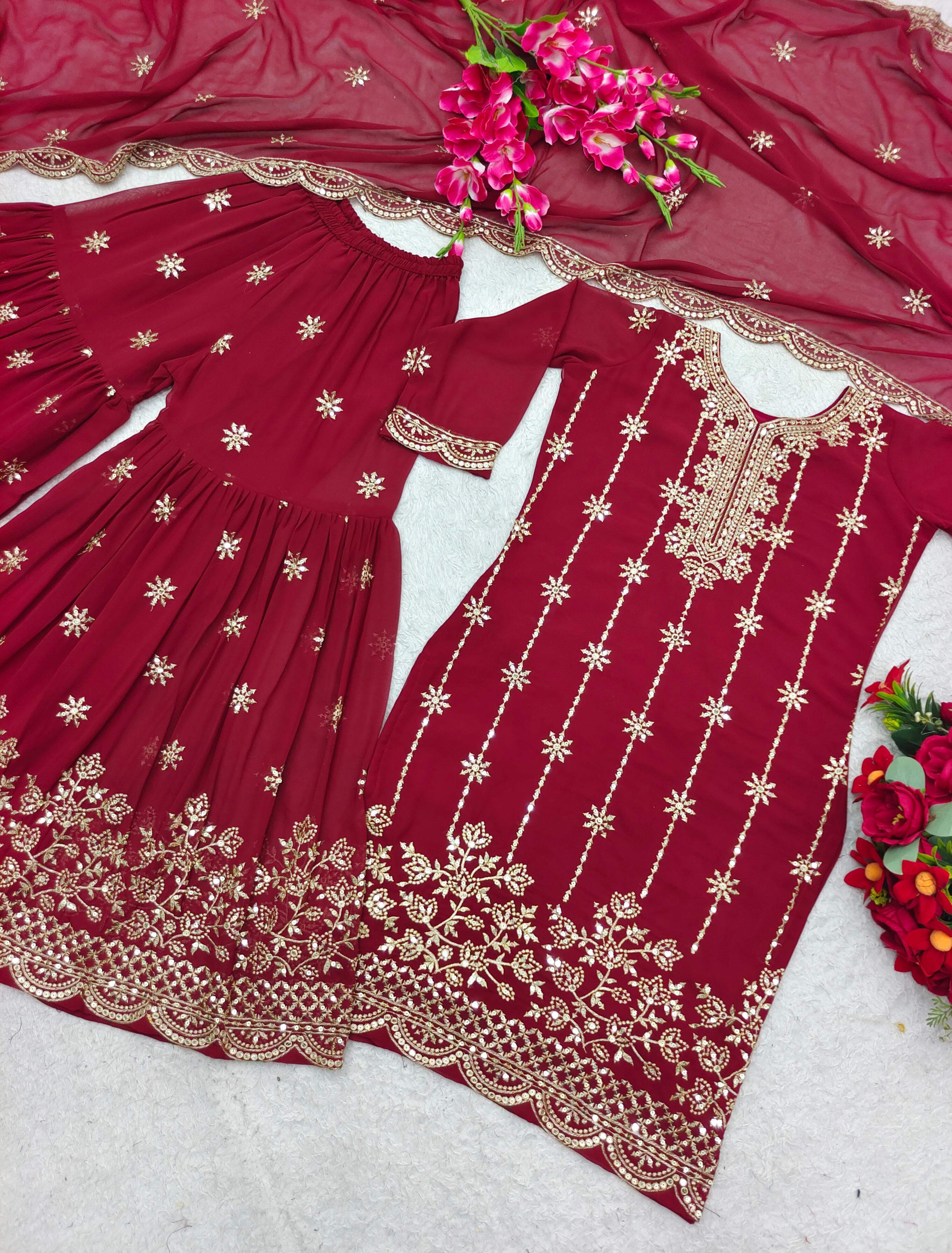 Stylish Sequence Embroidery Work Maroon Color Sharara Suit