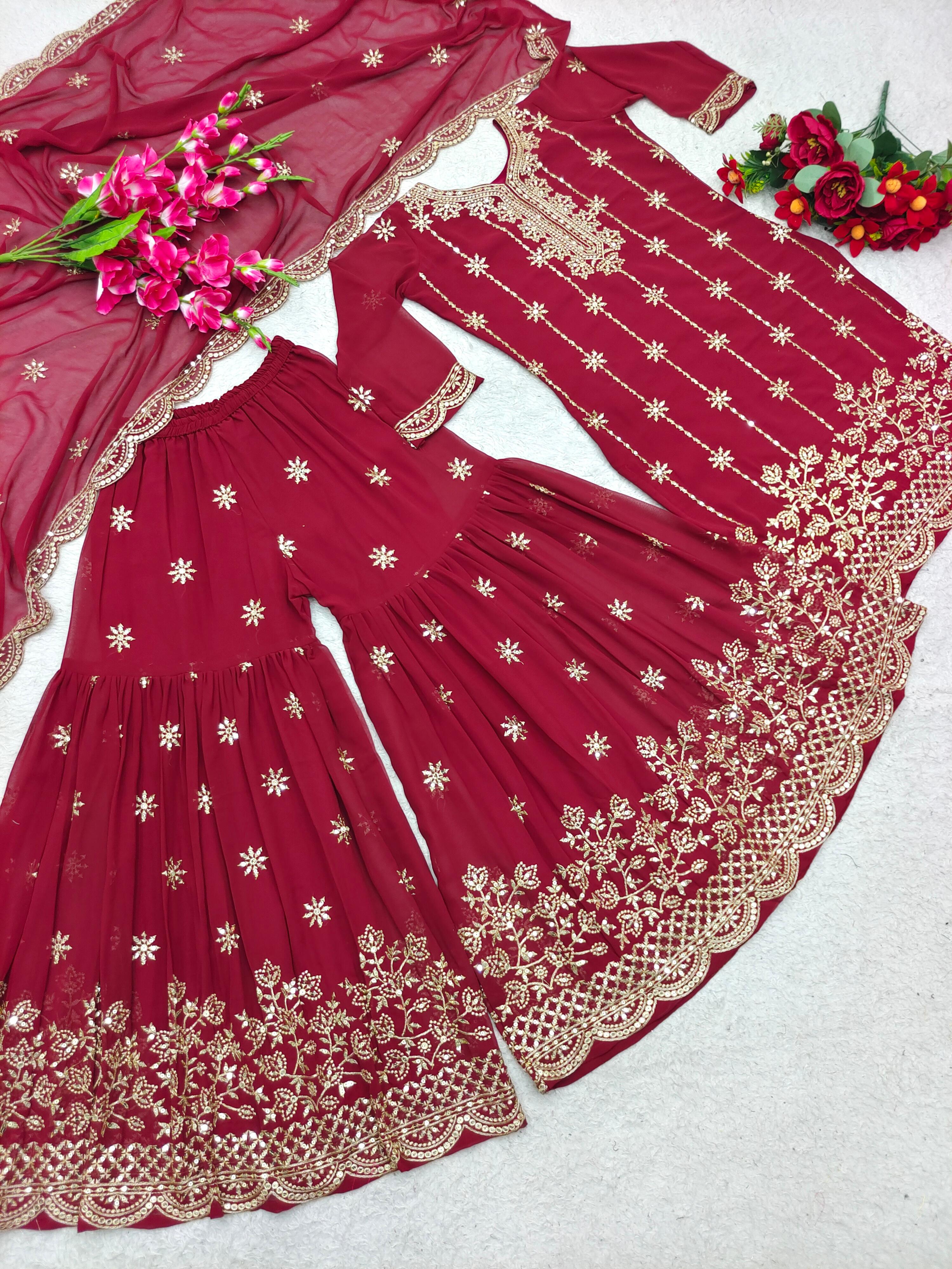 Stylish Sequence Embroidery Work Maroon Color Sharara Suit