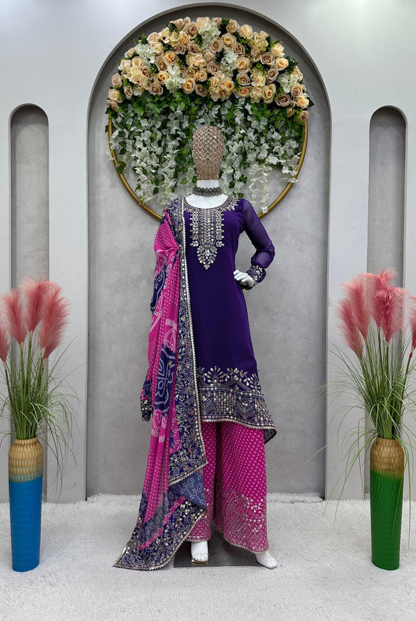 Purple Top With Pink Bandhani Sharara And Dupatta