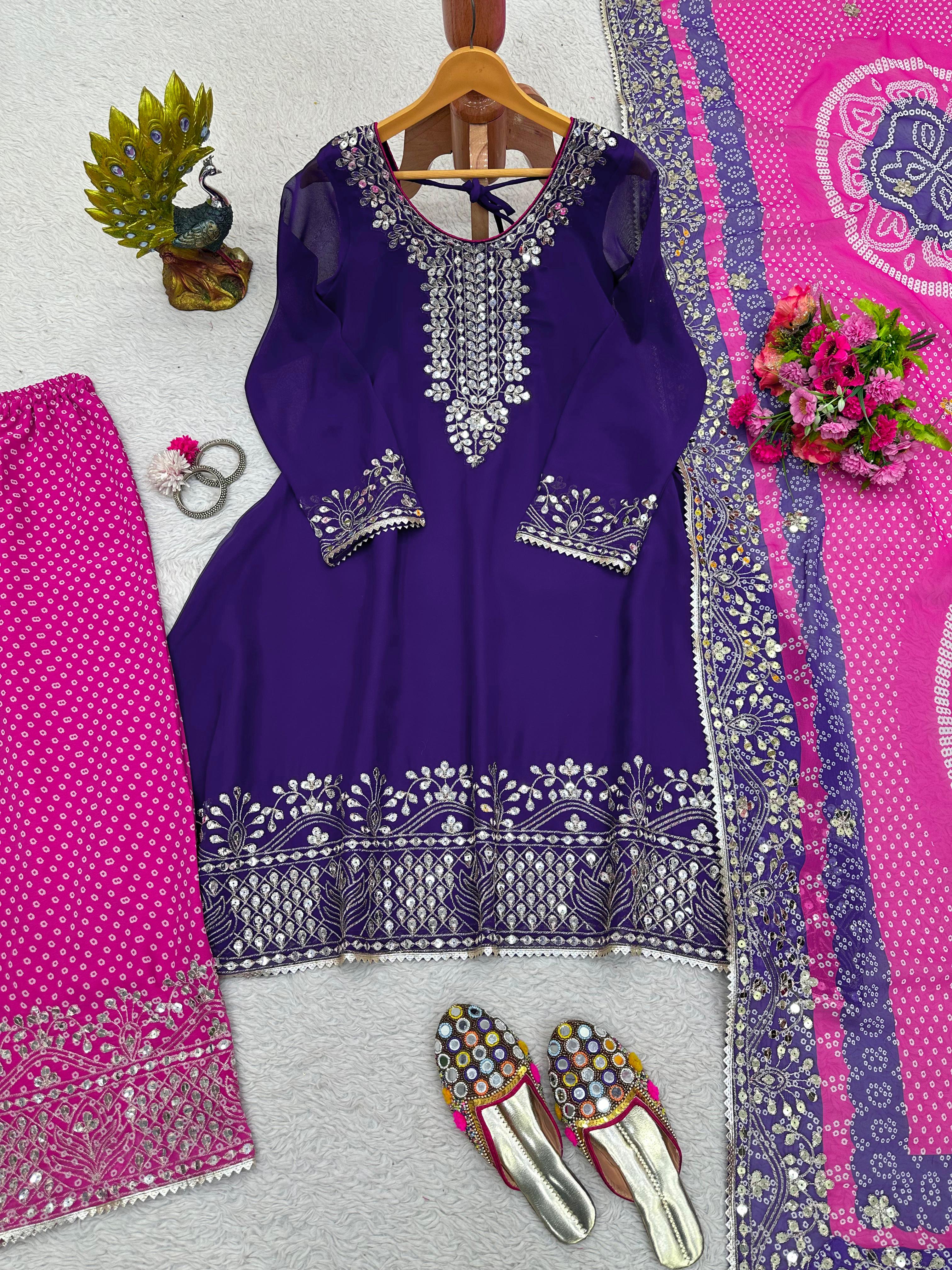 Purple Top With Pink Bandhani Sharara And Dupatta