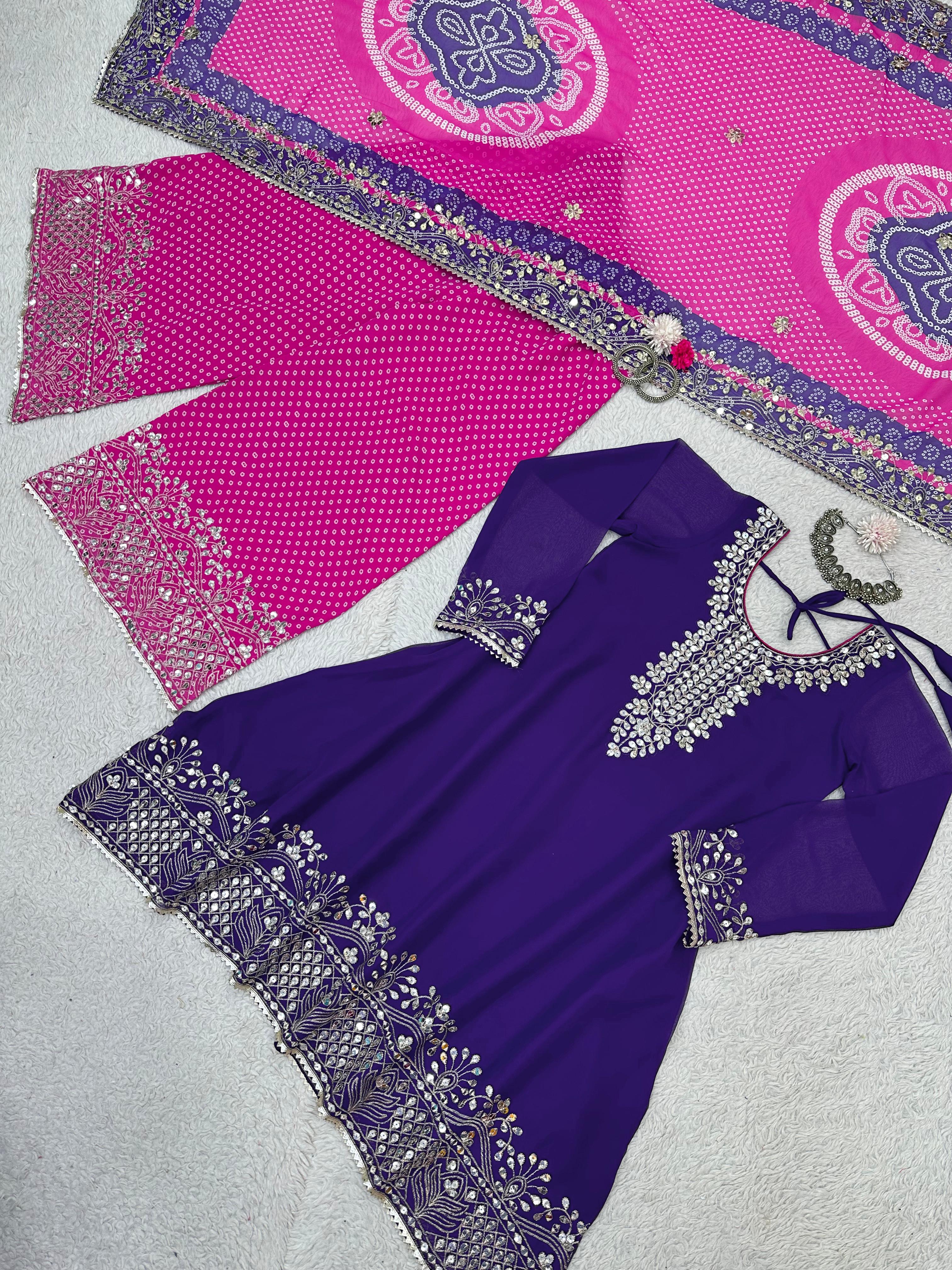 Purple Top With Pink Bandhani Sharara And Dupatta