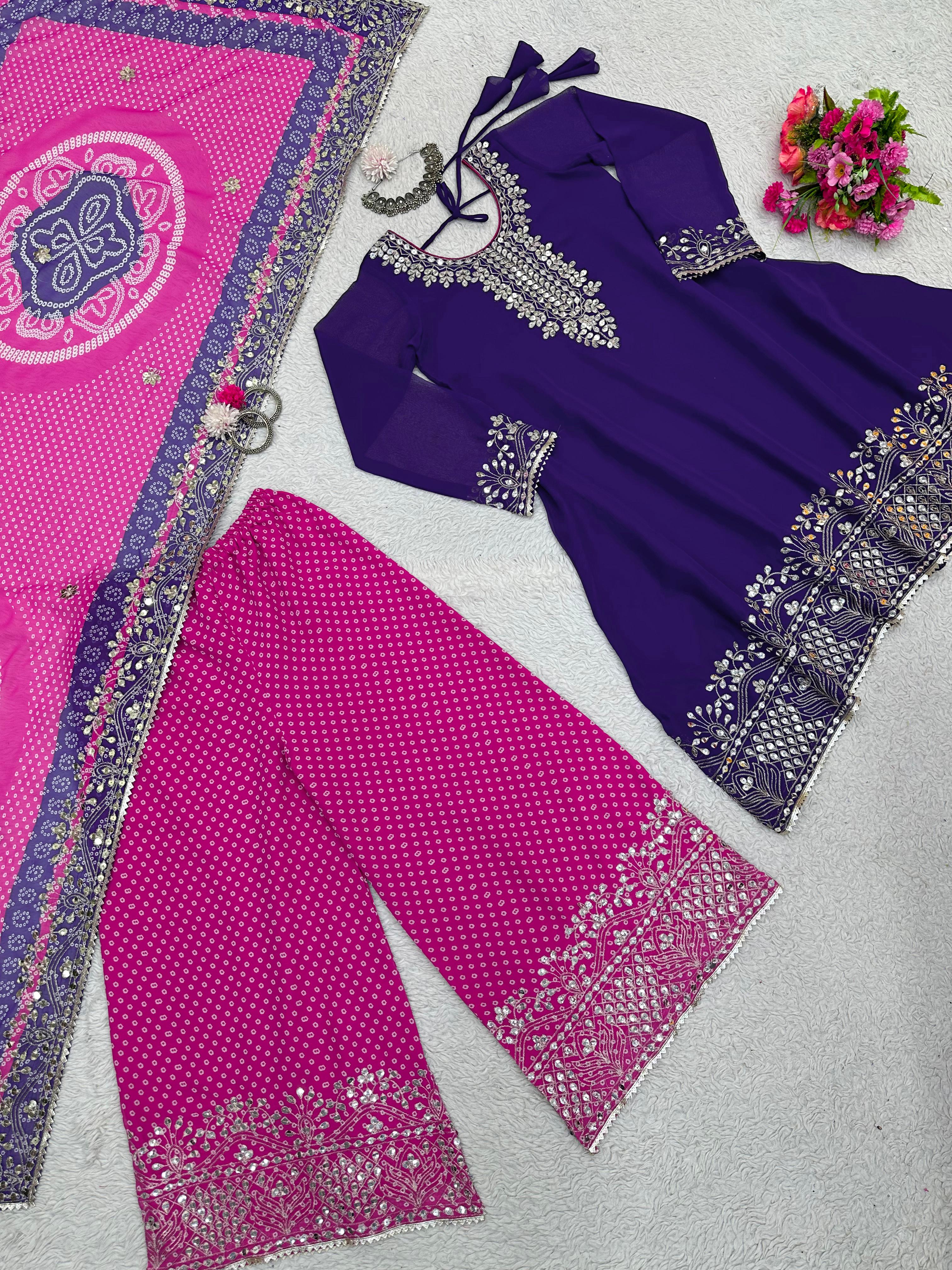 Purple Top With Pink Bandhani Sharara And Dupatta