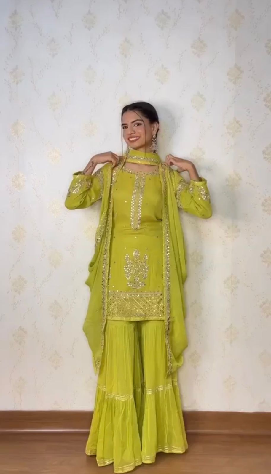 Elegant Parrot Green Color Sequence Work Sharara Suit