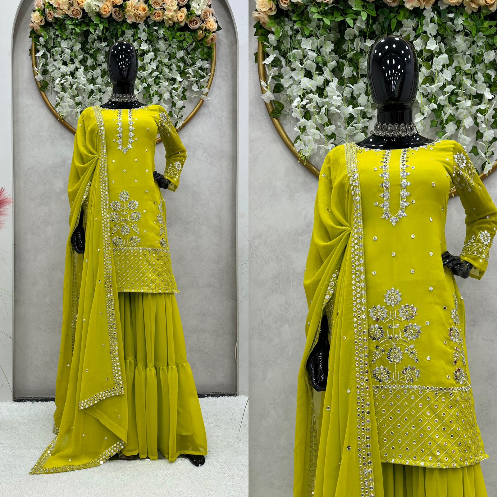 Elegant Parrot Green Color Sequence Work Sharara Suit