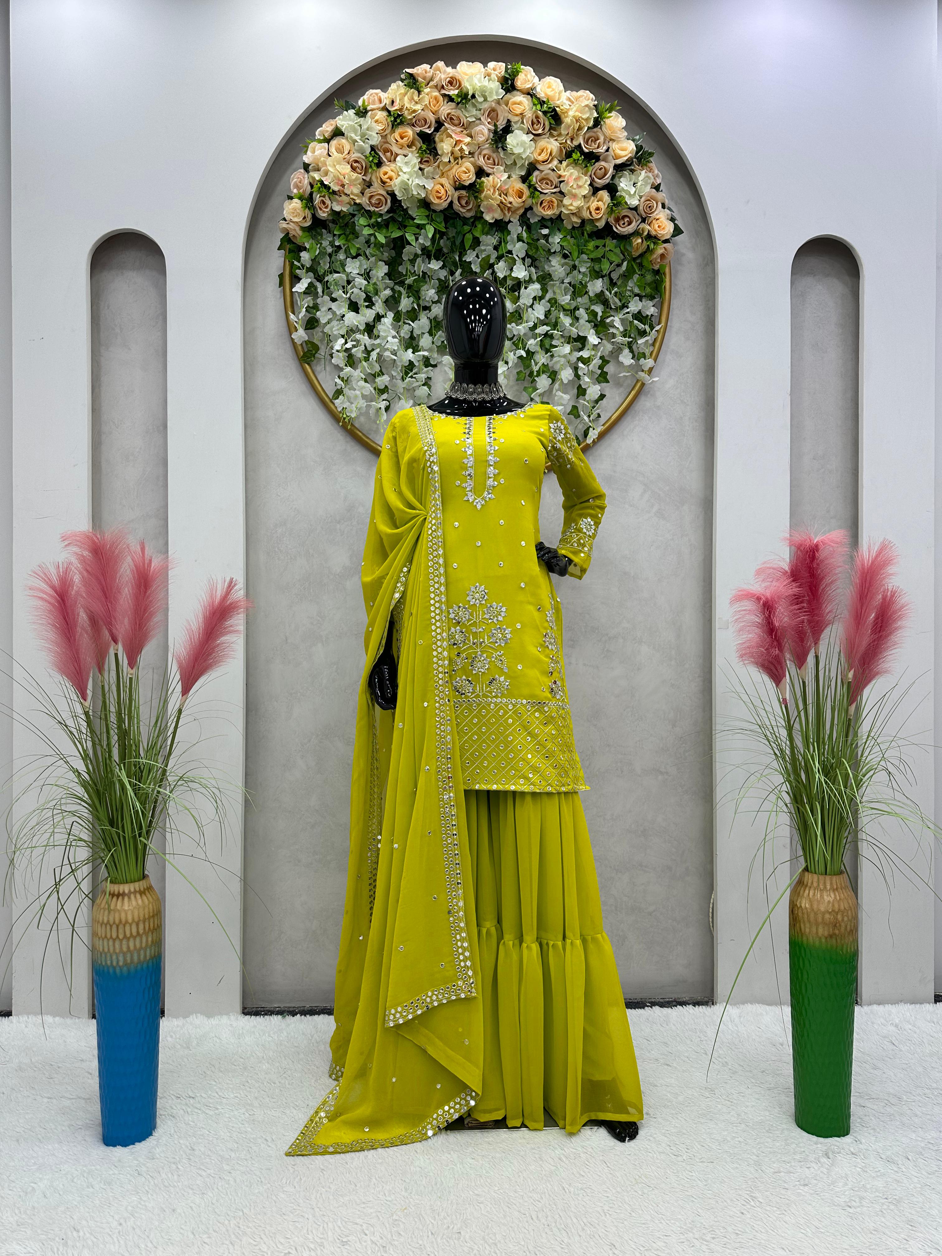 Elegant Parrot Green Color Sequence Work Sharara Suit