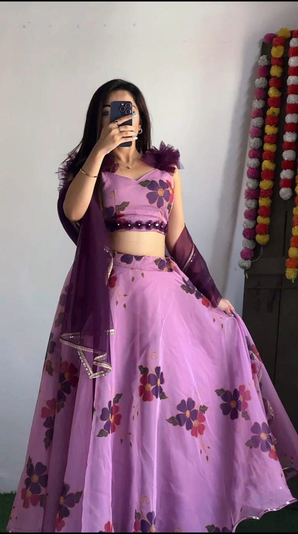 Party Wear Onion Color Organza Lehenga Choli
