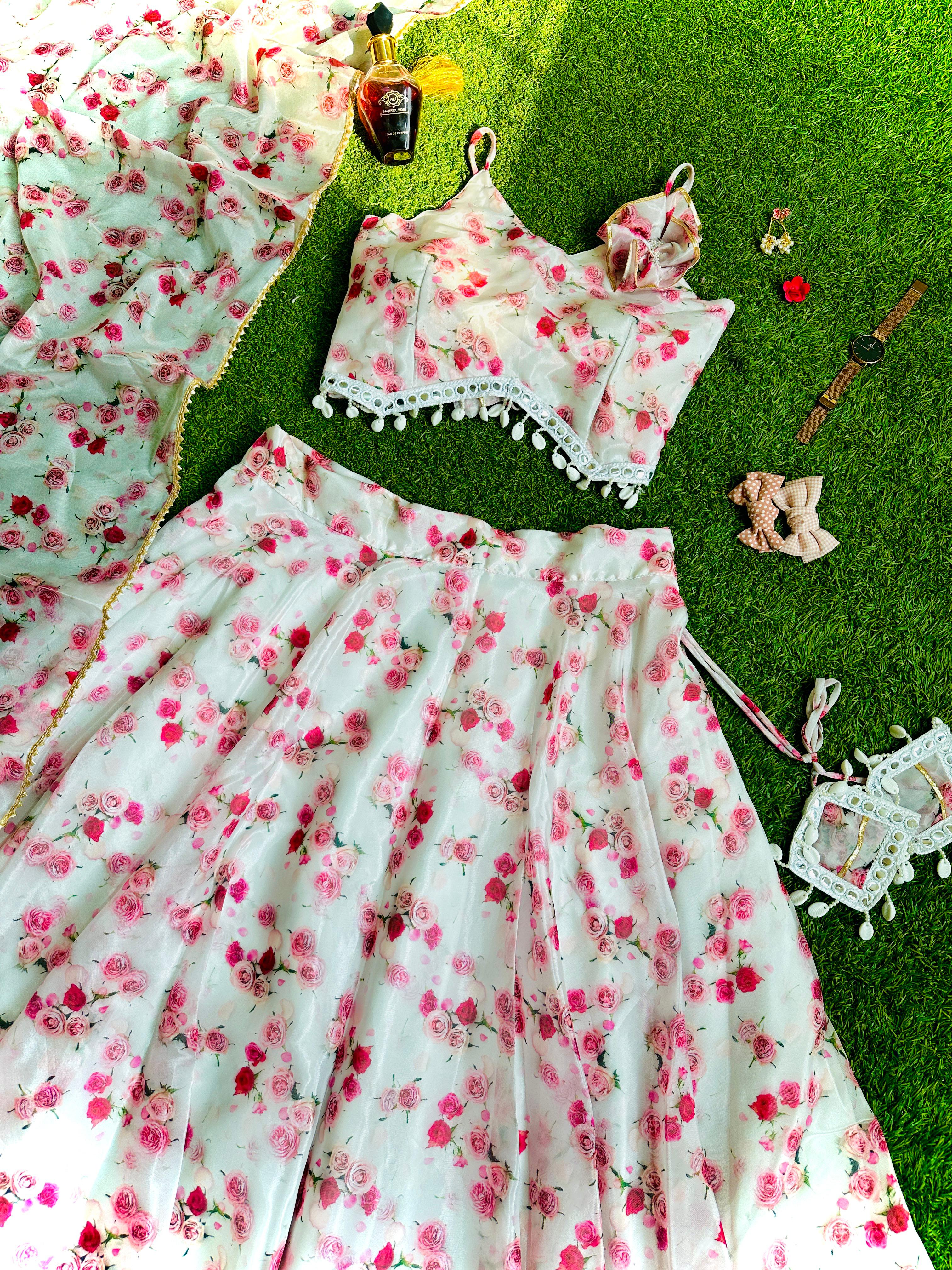 Beautiful Print White Color Organza Lehenga Choli