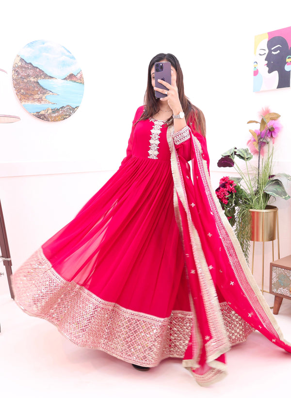 Amazing Pink Color Embroidery Sequence Work Gown