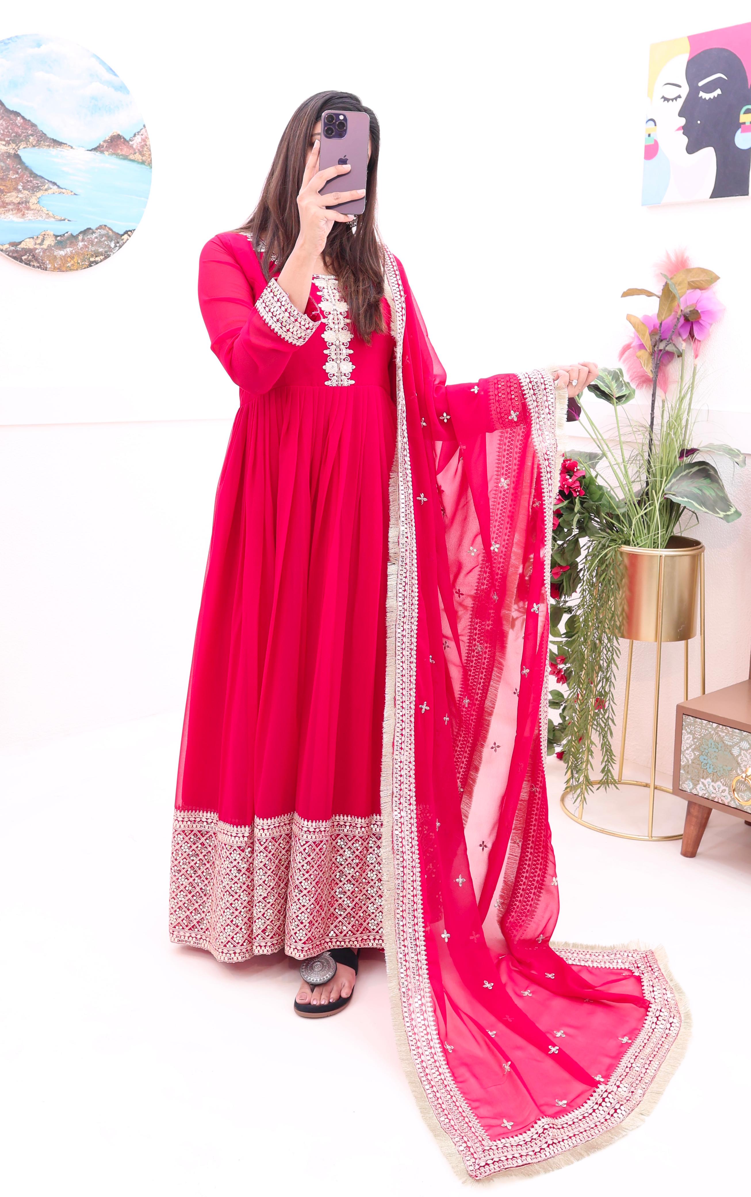 Amazing Pink Color Embroidery Sequence Work Gown