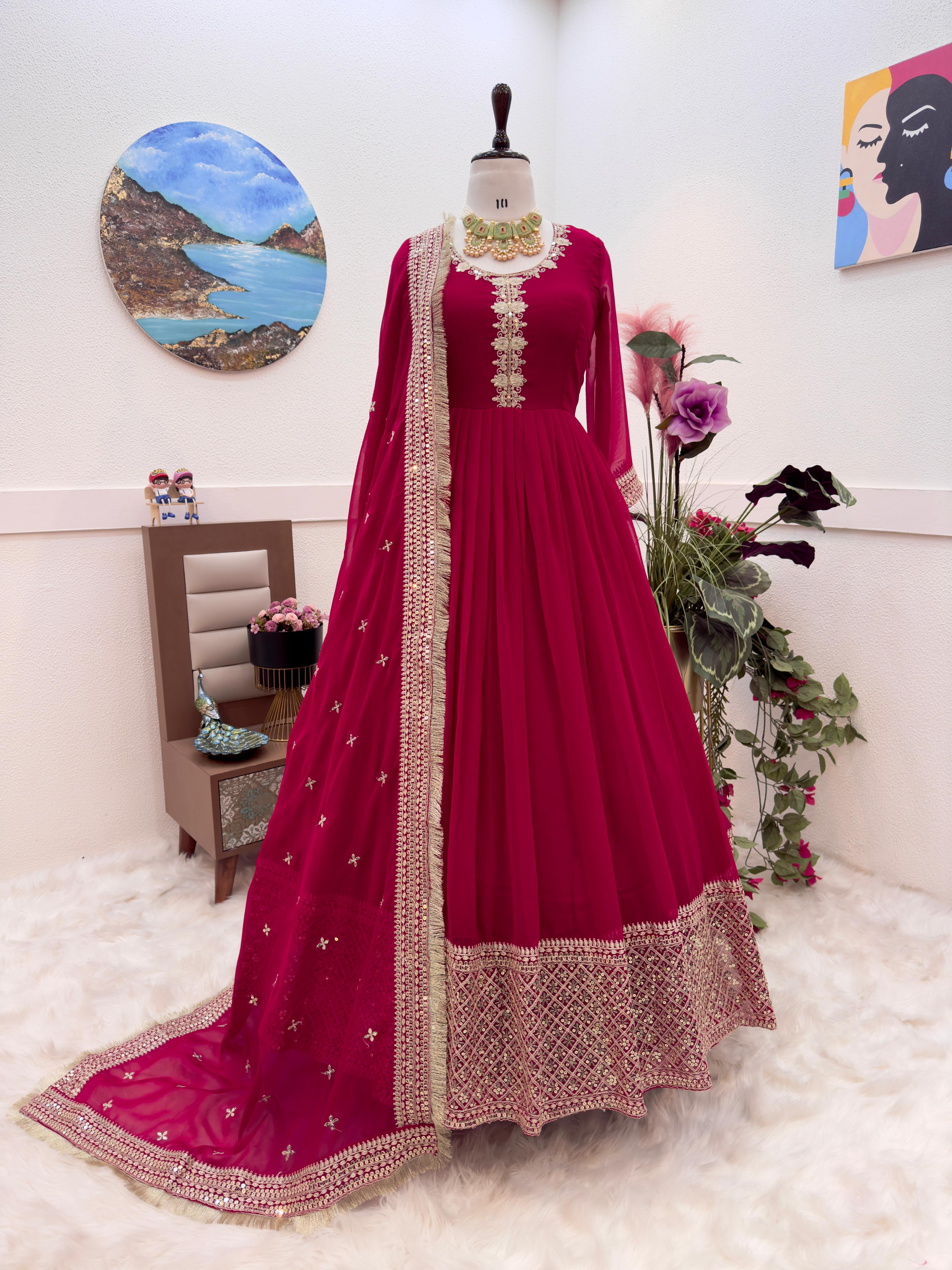 Amazing Pink Color Embroidery Sequence Work Gown