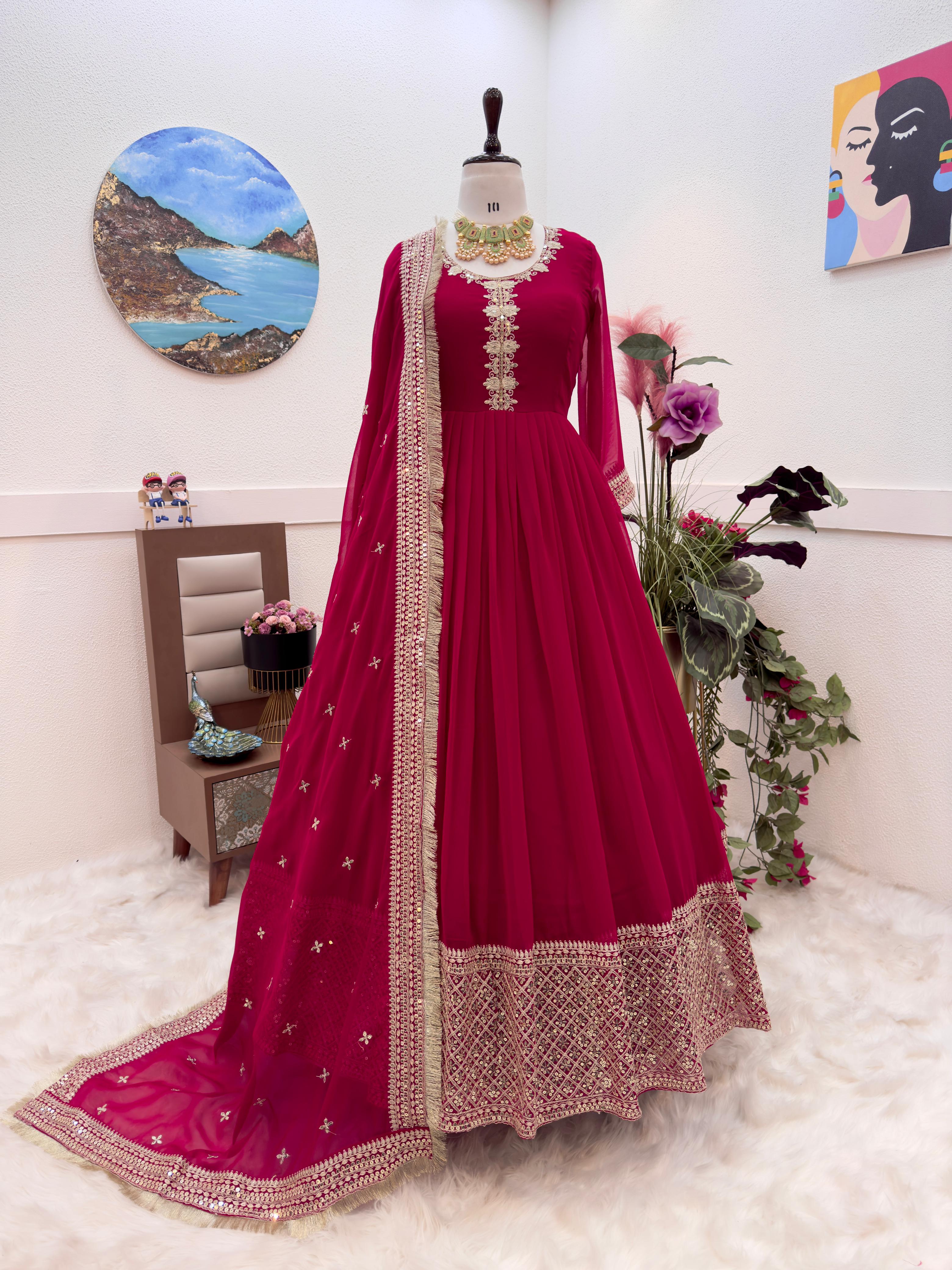 Amazing Pink Color Embroidery Sequence Work Gown
