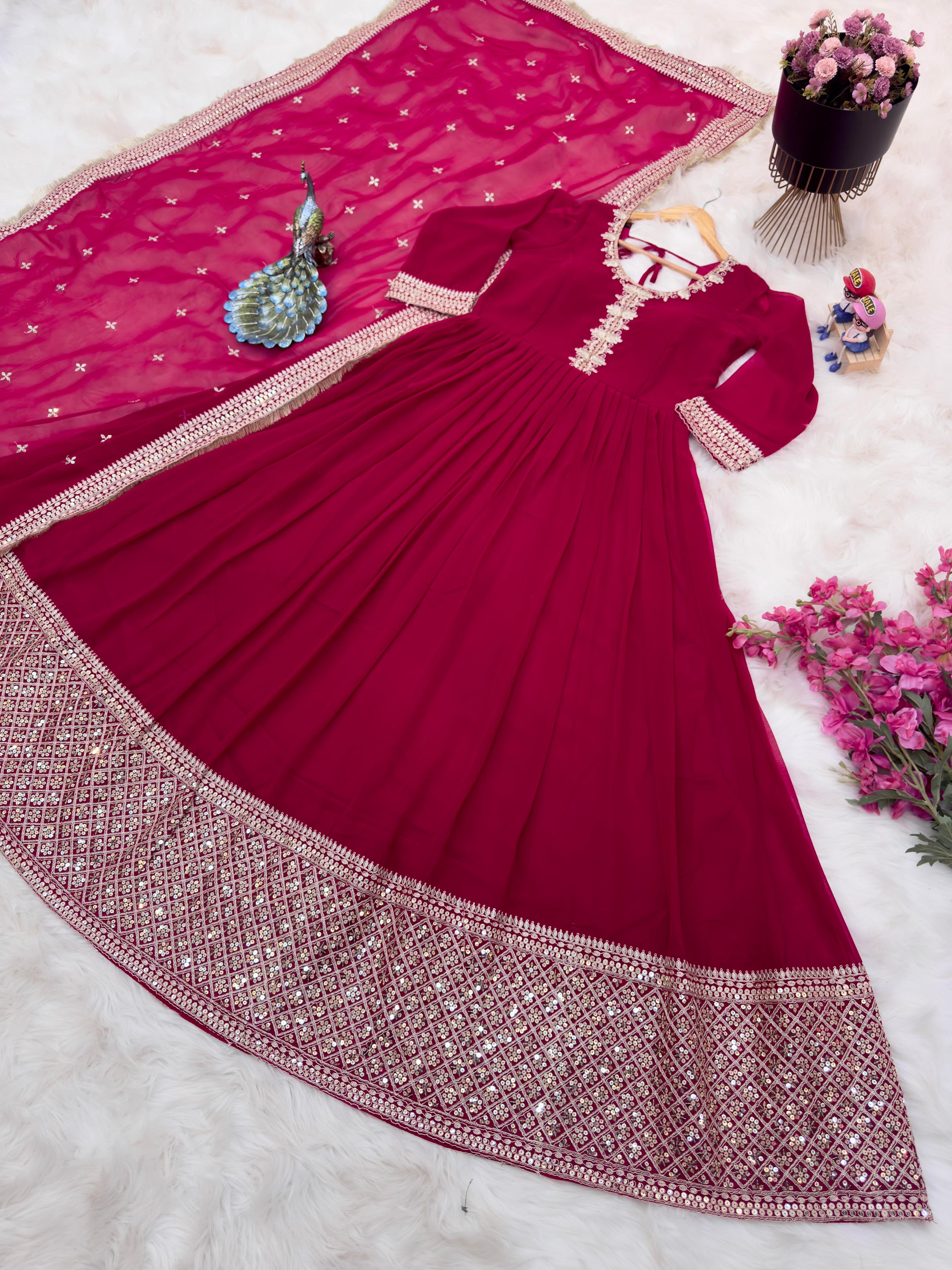 Amazing Pink Color Embroidery Sequence Work Gown