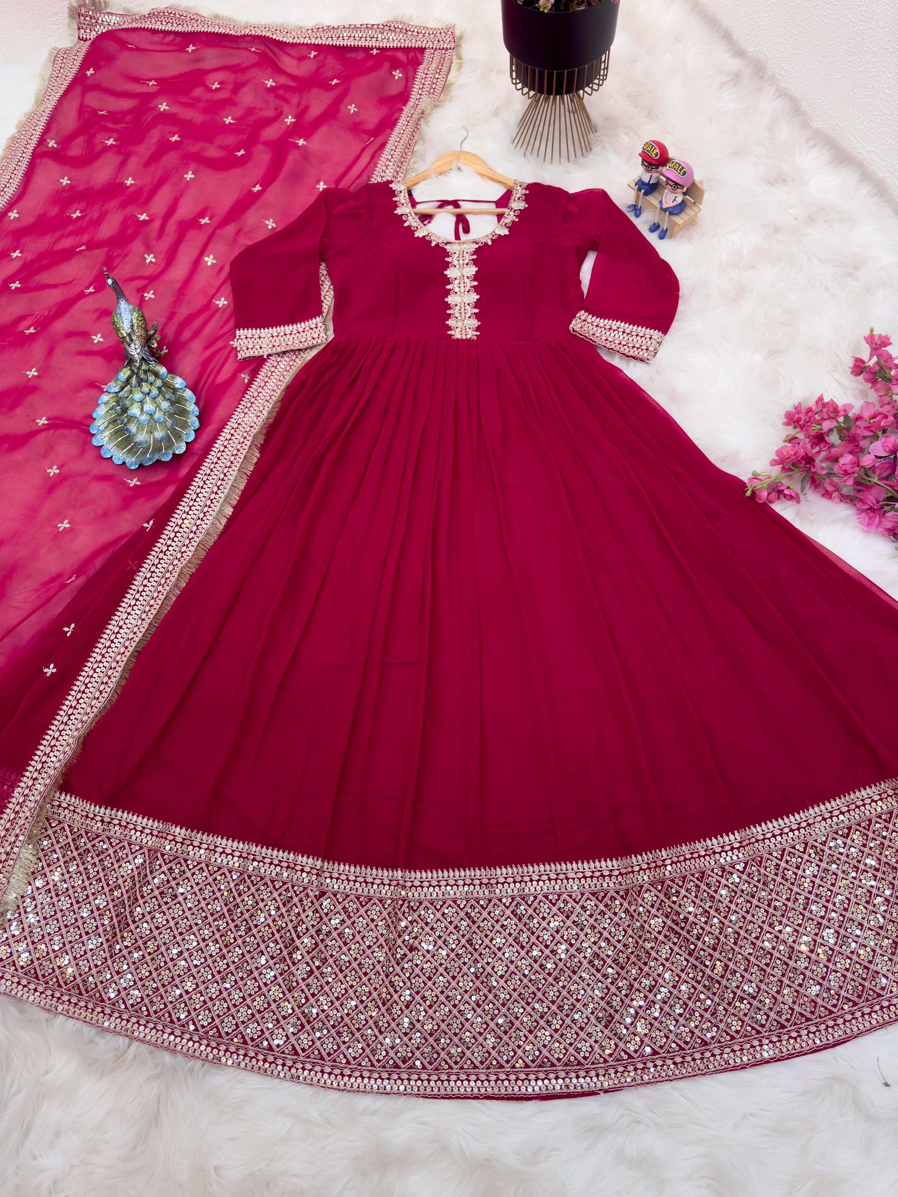 Amazing Pink Color Embroidery Sequence Work Gown