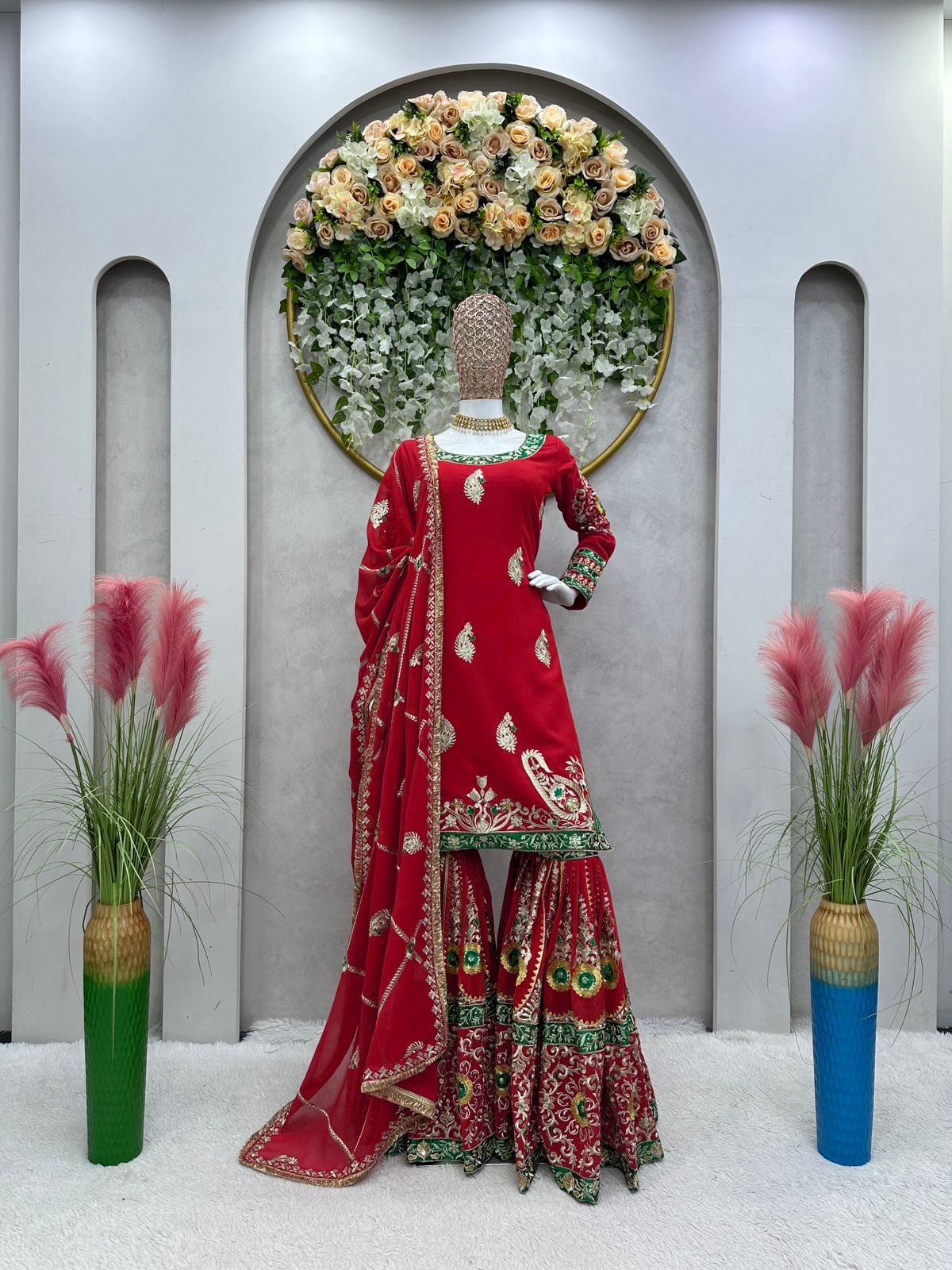 Fantastic Red Color Embroidery Work Heavy Sharara Suit