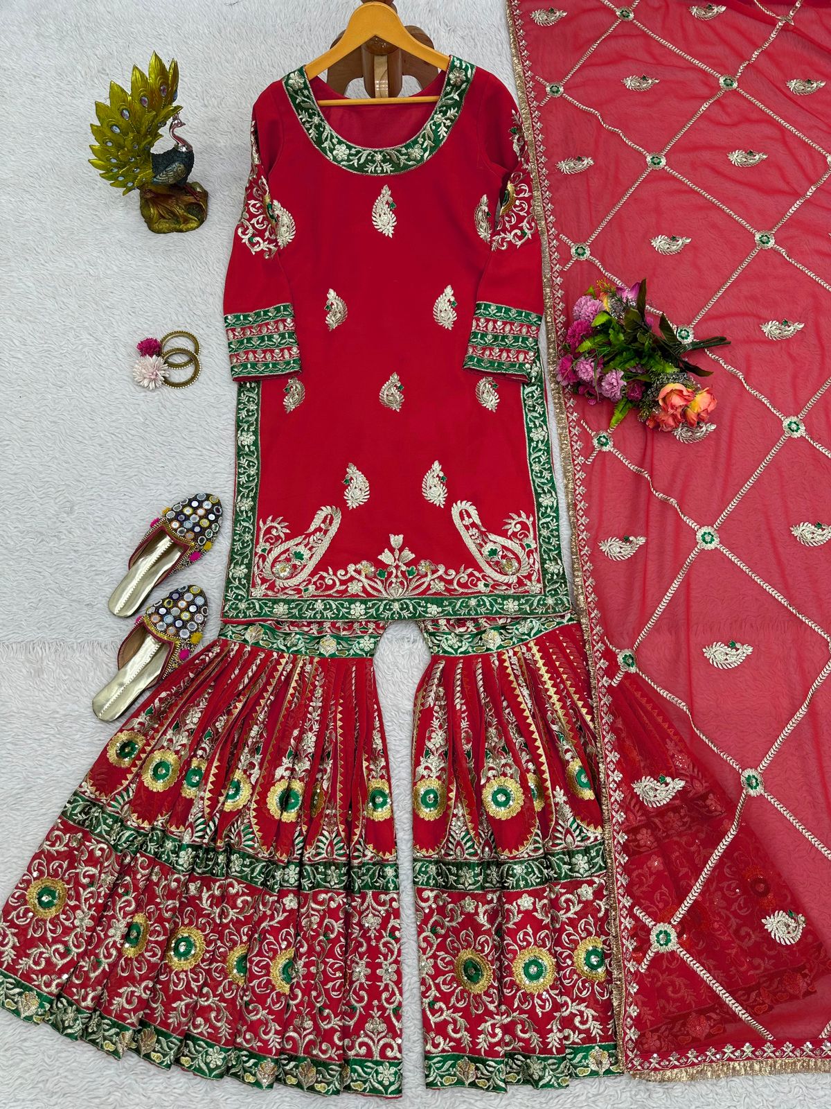 Fantastic Red Color Embroidery Work Heavy Sharara Suit