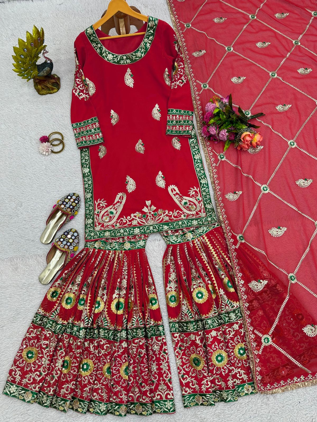 Fantastic Red Color Embroidery Work Heavy Sharara Suit