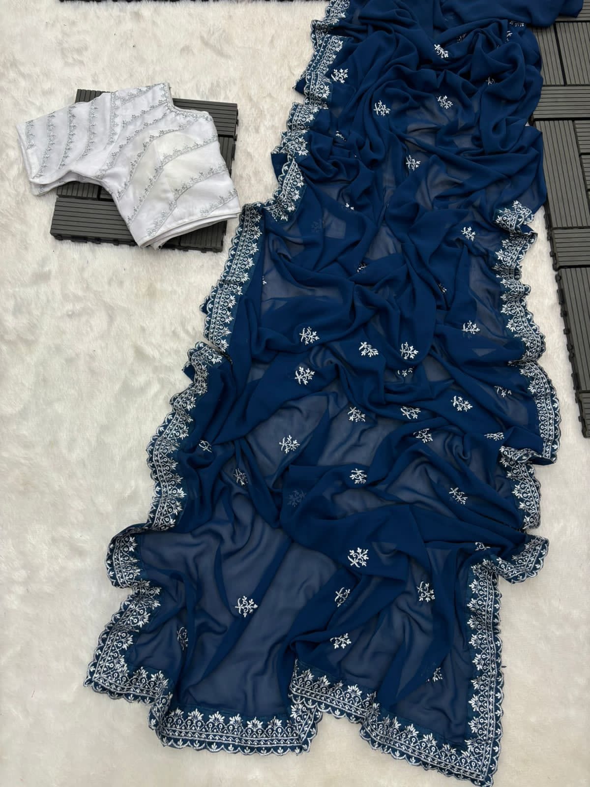 Terrific Navy Blue Color Embroidery Design Work Saree