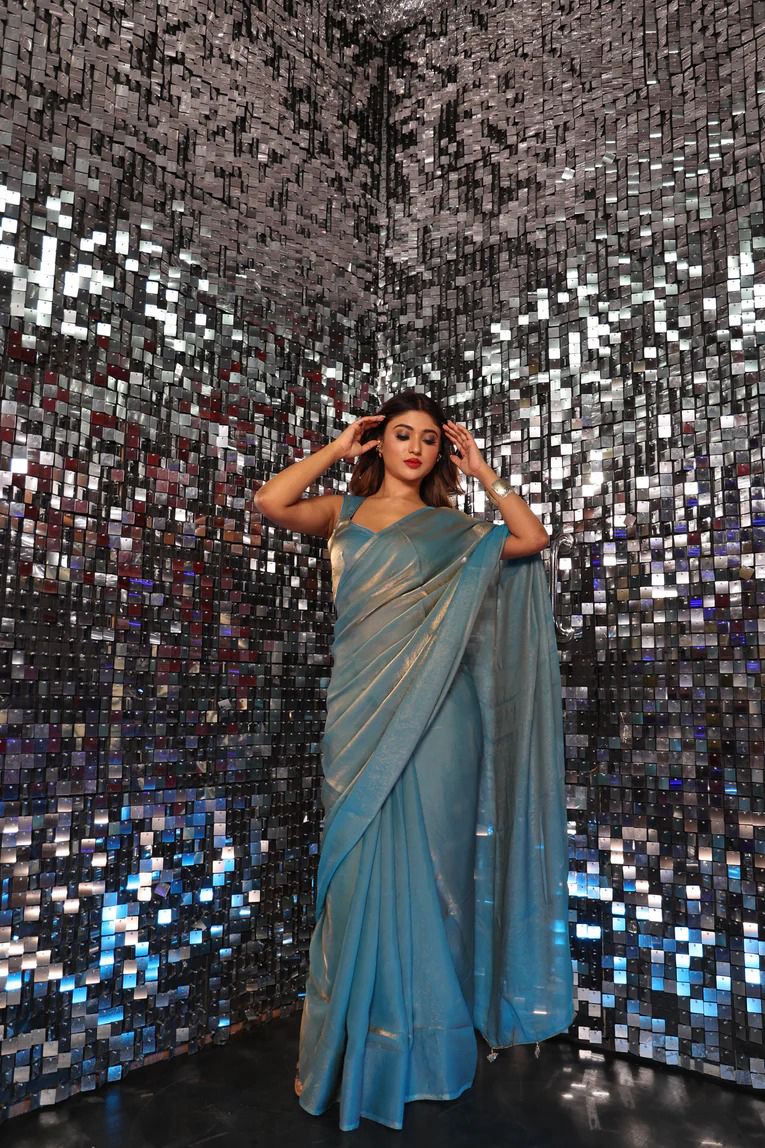 Sky Blue Color With Golden Shade Saree
