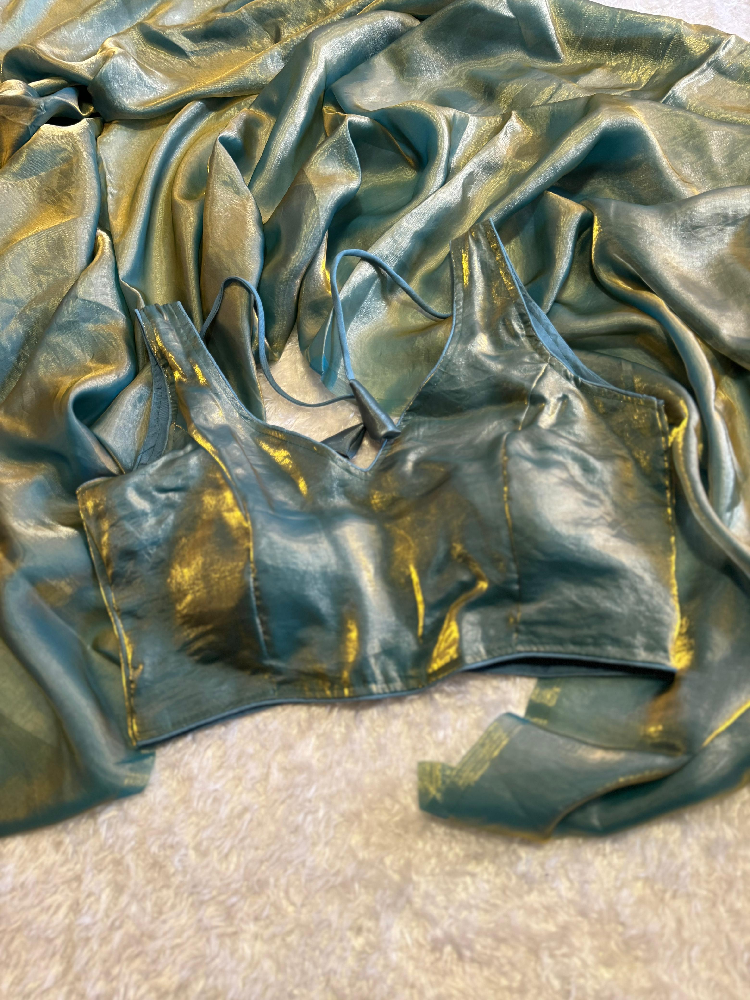 Sky Blue Color With Golden Shade Saree