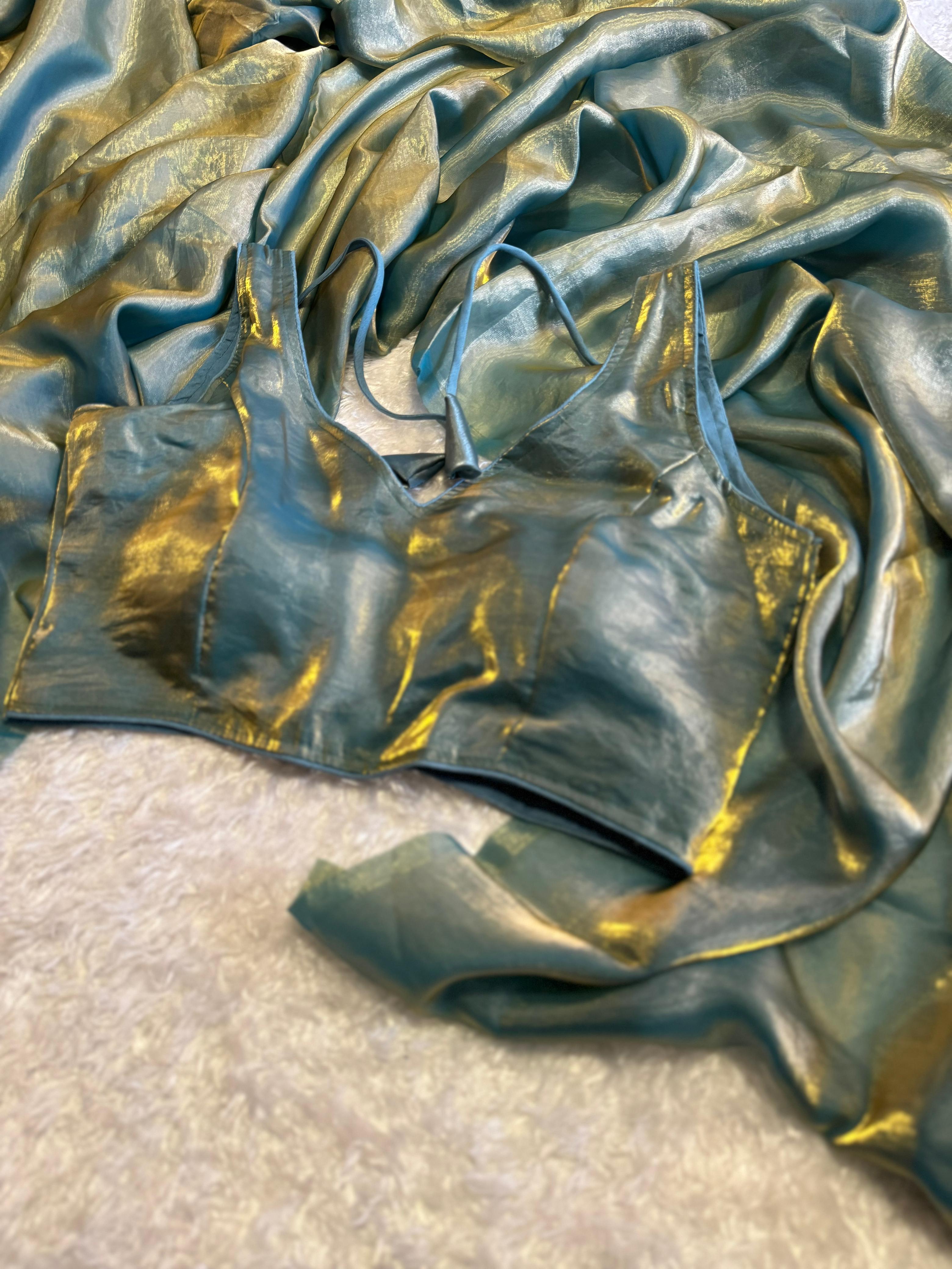 Sky Blue Color With Golden Shade Saree