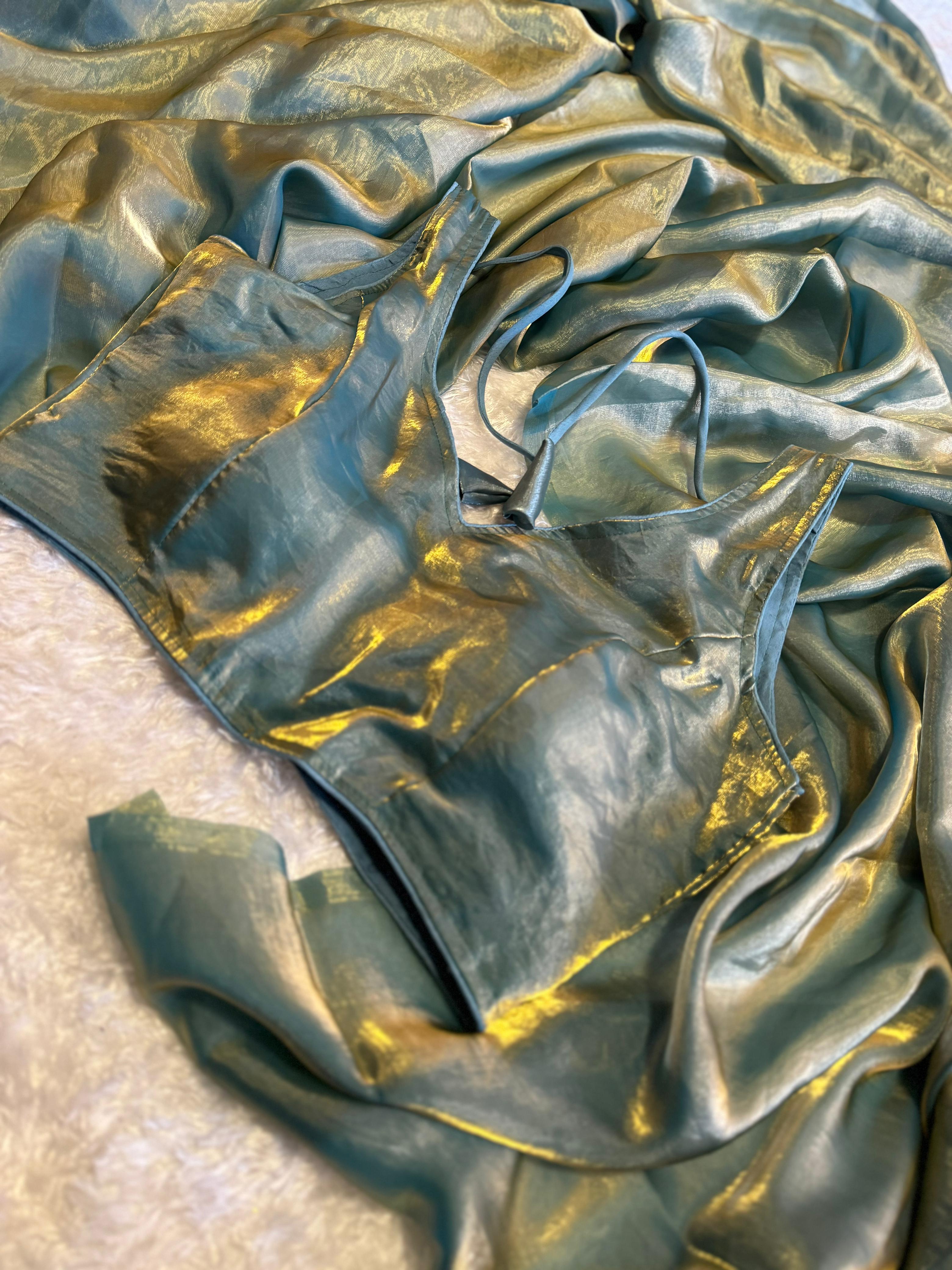 Sky Blue Color With Golden Shade Saree