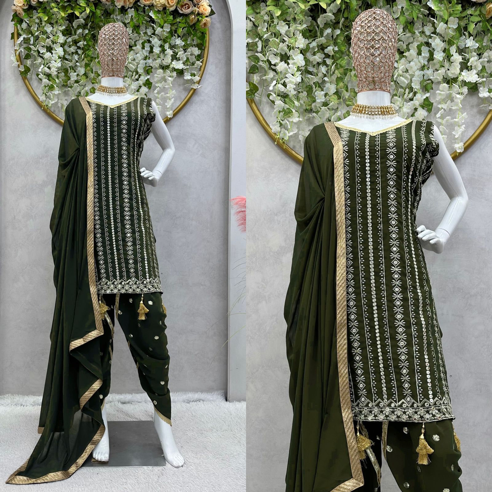 Attractive Mehndi Color Sequence Work Dhoti Suit