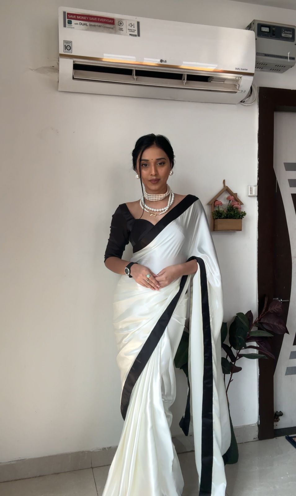 Pretty Black Border Ready To Wear White Color Saree