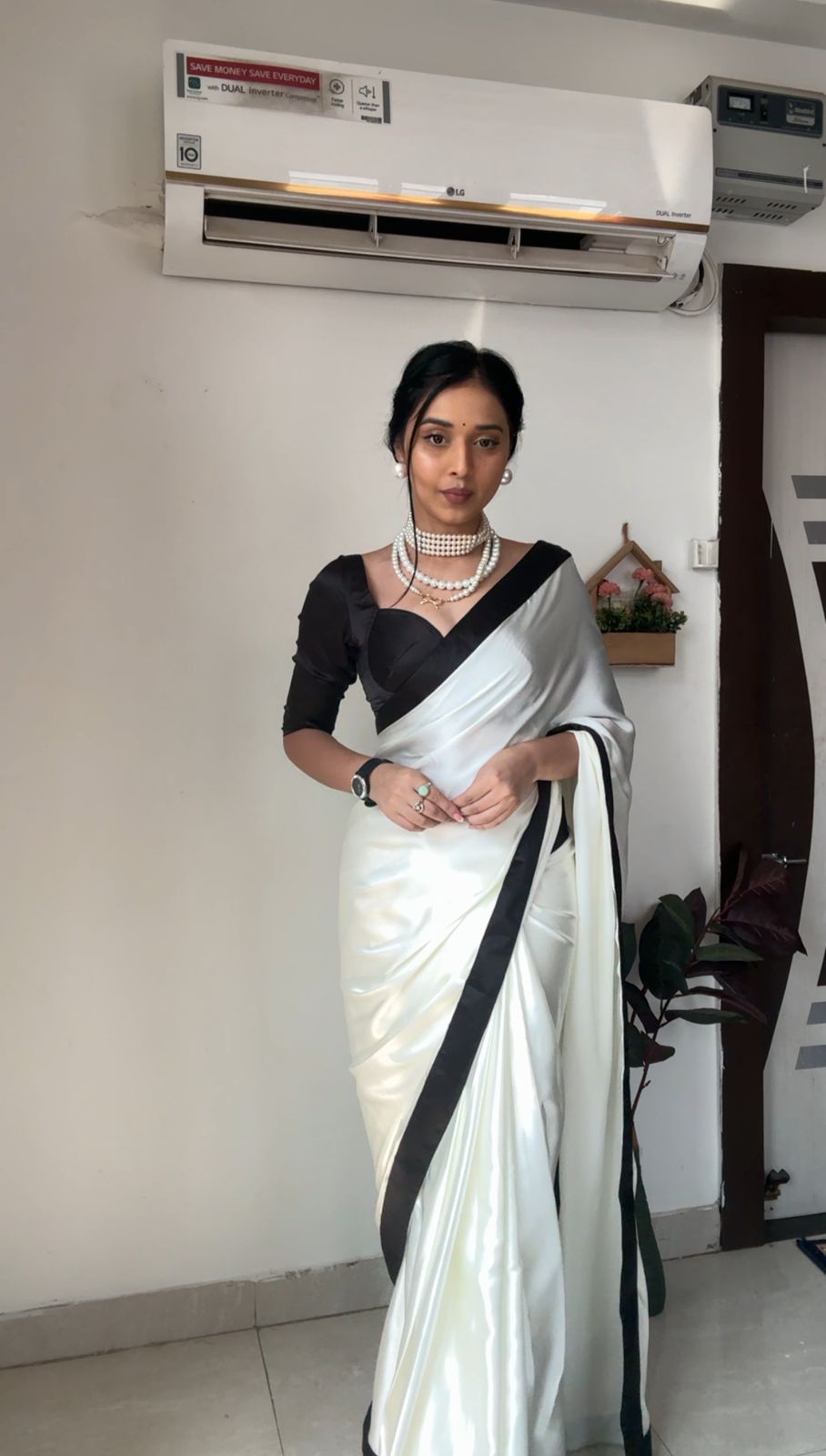 Pretty Black Border Ready To Wear White Color Saree