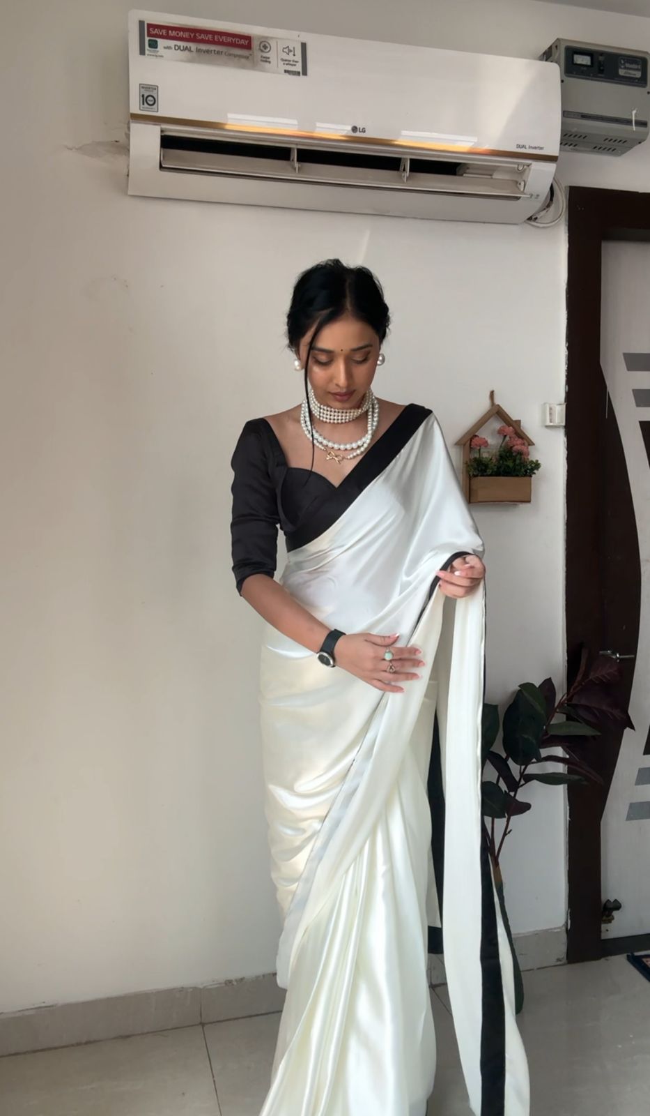 Pretty Black Border Ready To Wear White Color Saree