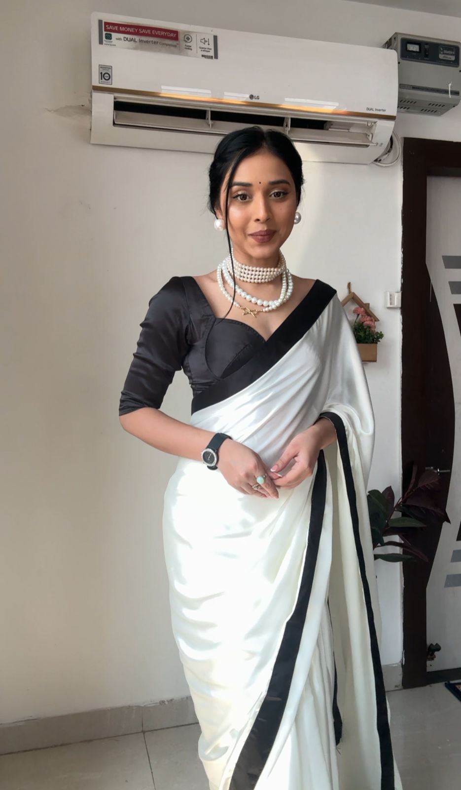 Pretty Black Border Ready To Wear White Color Saree