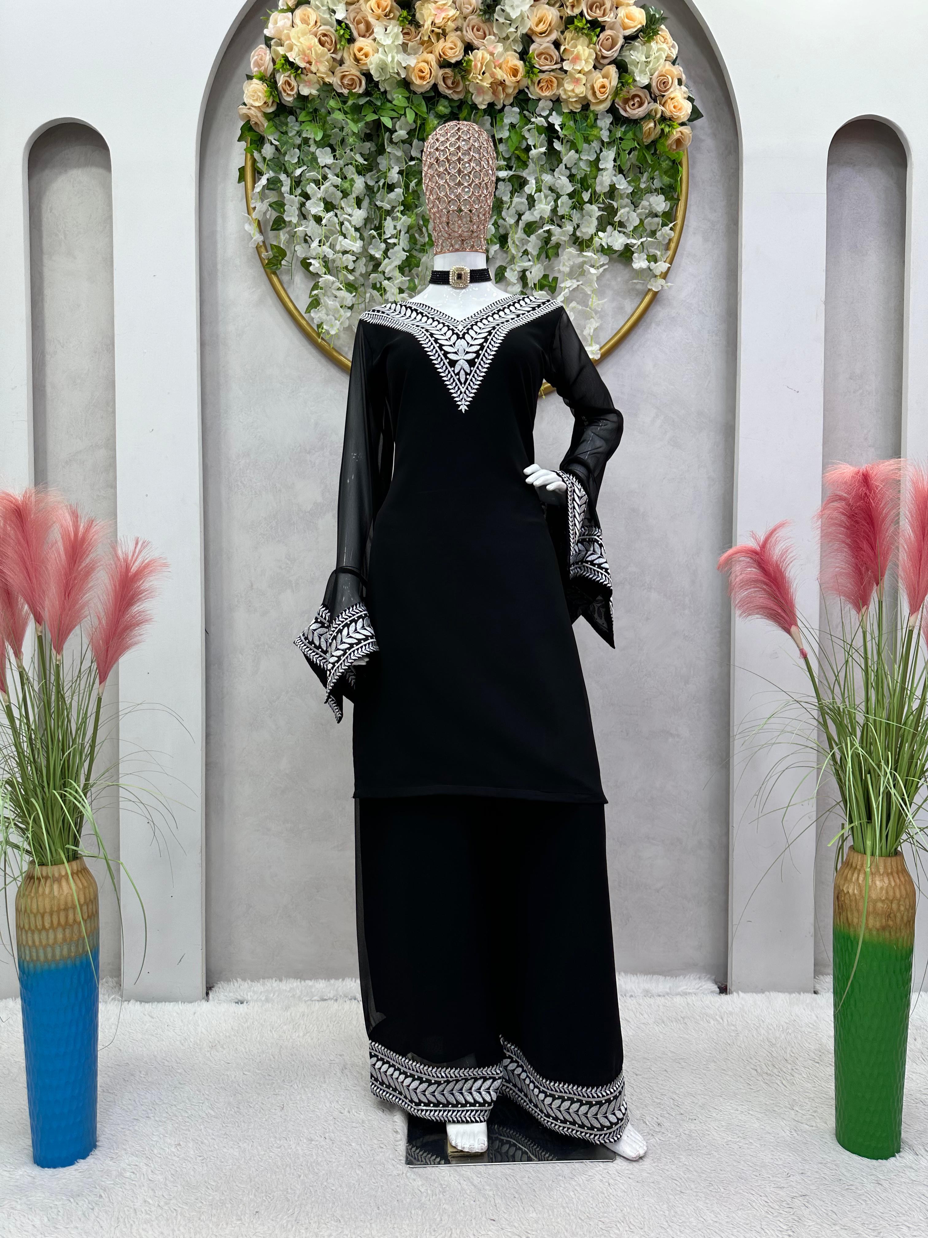 Occasion Wear Thread Work Black Color Palazzo Suit