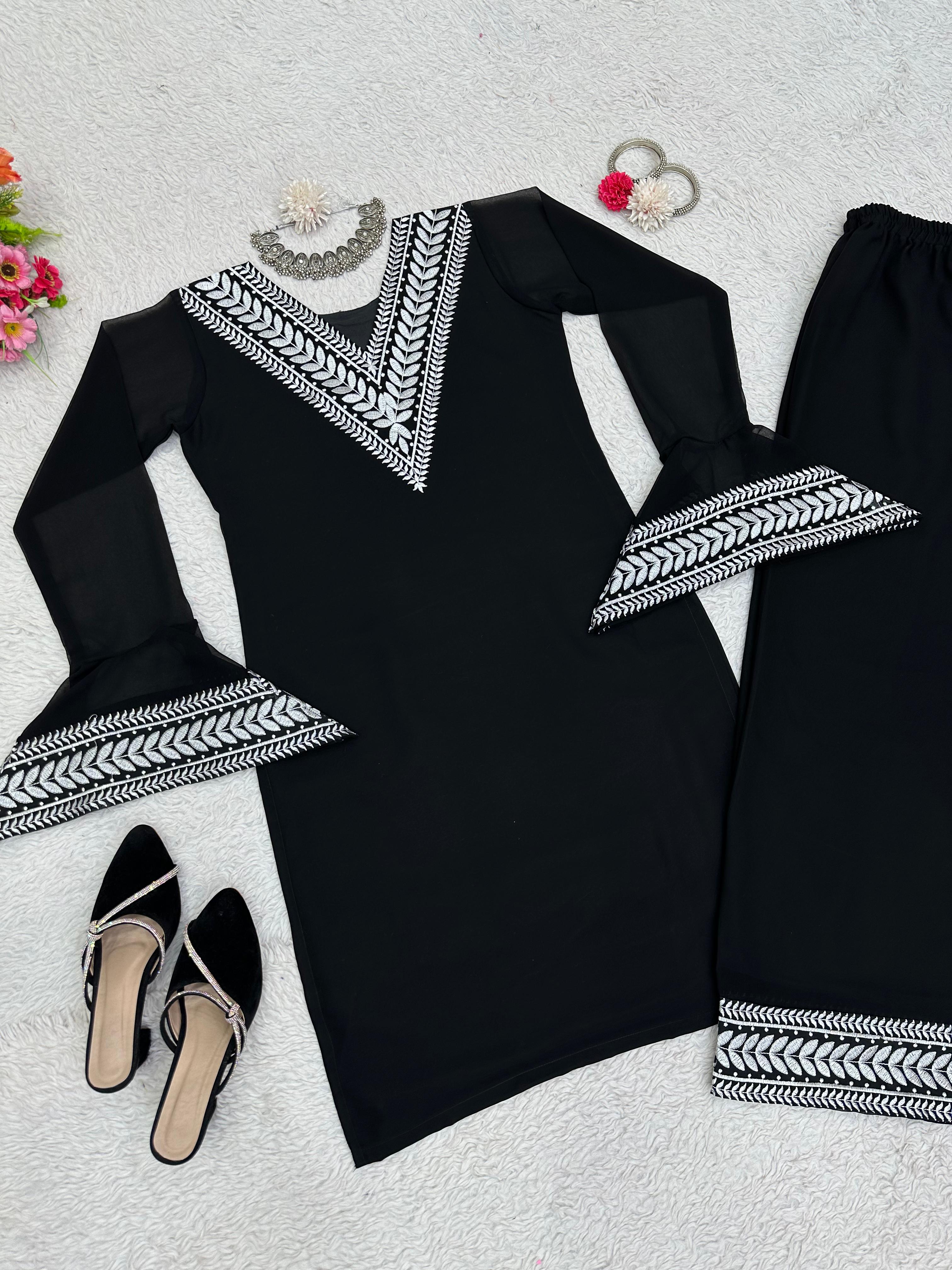 Occasion Wear Thread Work Black Color Palazzo Suit