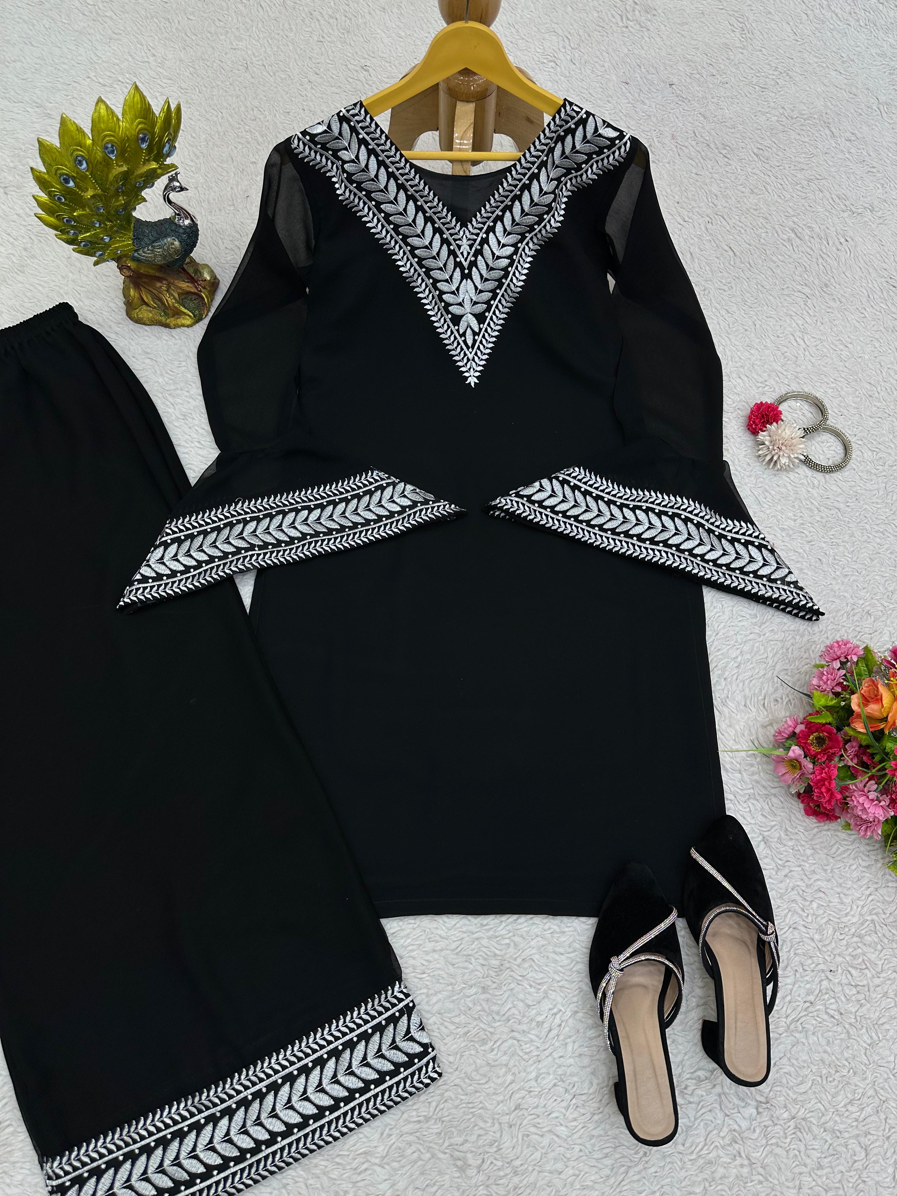 Occasion Wear Thread Work Black Color Palazzo Suit