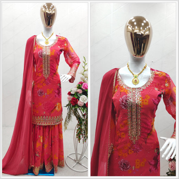 Admiring Sequence Work Printed Pink Color Sharara Suit