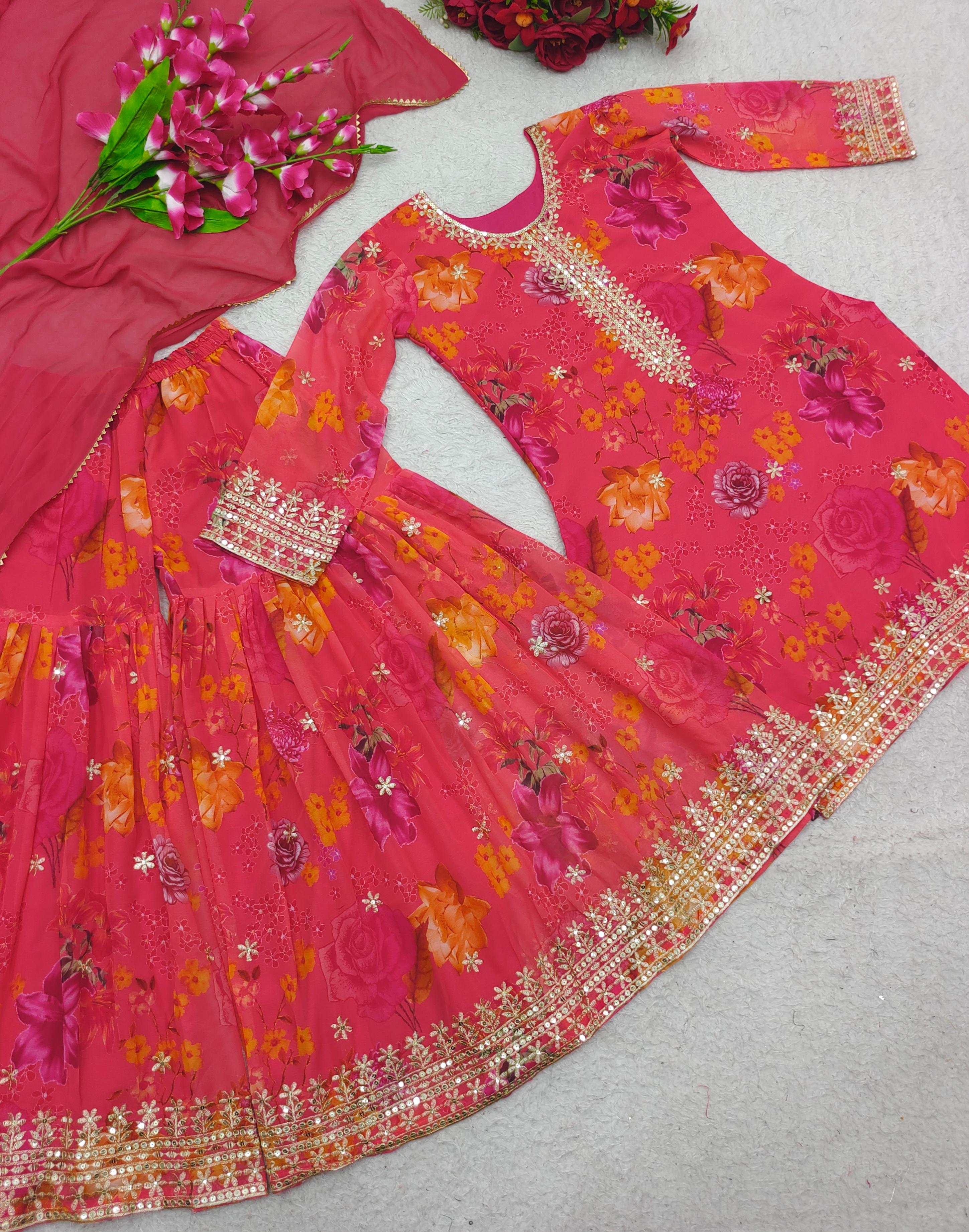 Admiring Sequence Work Printed Pink Color Sharara Suit